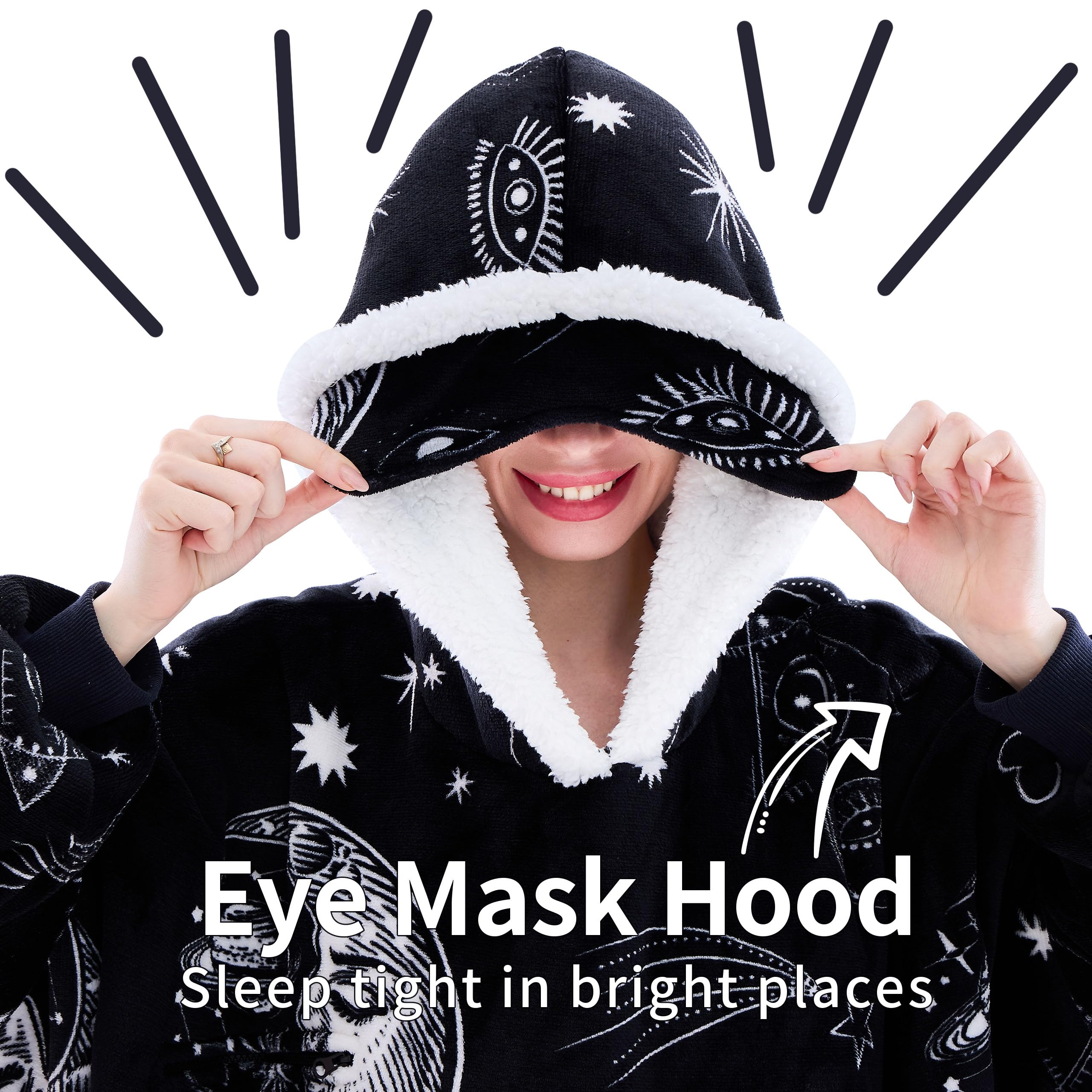 IFNOW Wearable Blanket Hoodie, Oversized Sherpa Fleece Hooded Sweatshirt with Eye Mask, Cozy and Giant Blanket Hoodie with Sleeves Extra Long for Adults Men Women, Black