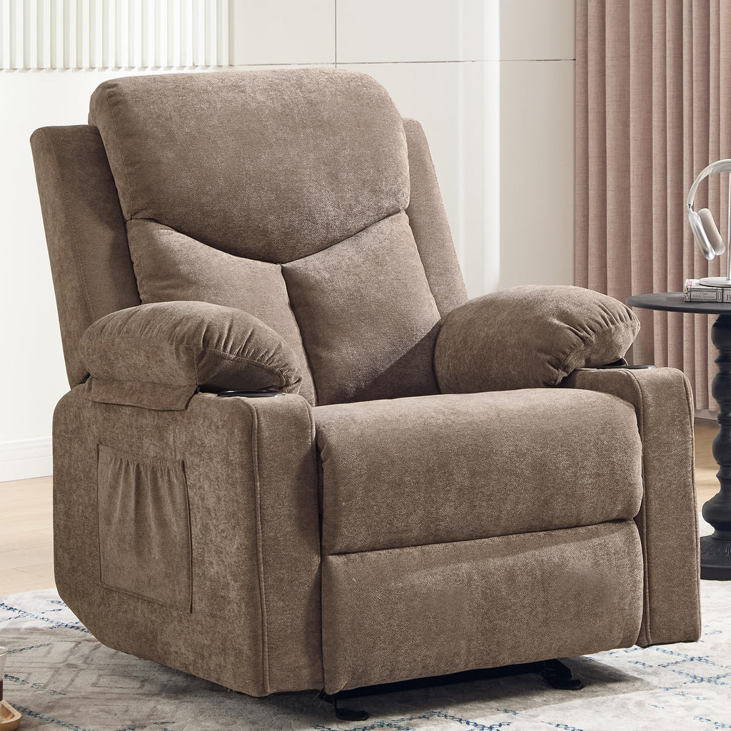 Manual Rocker Recliner Chair for Adults with Massage, Overstuffed Glider Rocking Chair with Cup Holders and Pockets for Living Room, Reclining Sofa Chair for Bedroom Nursery,Beige