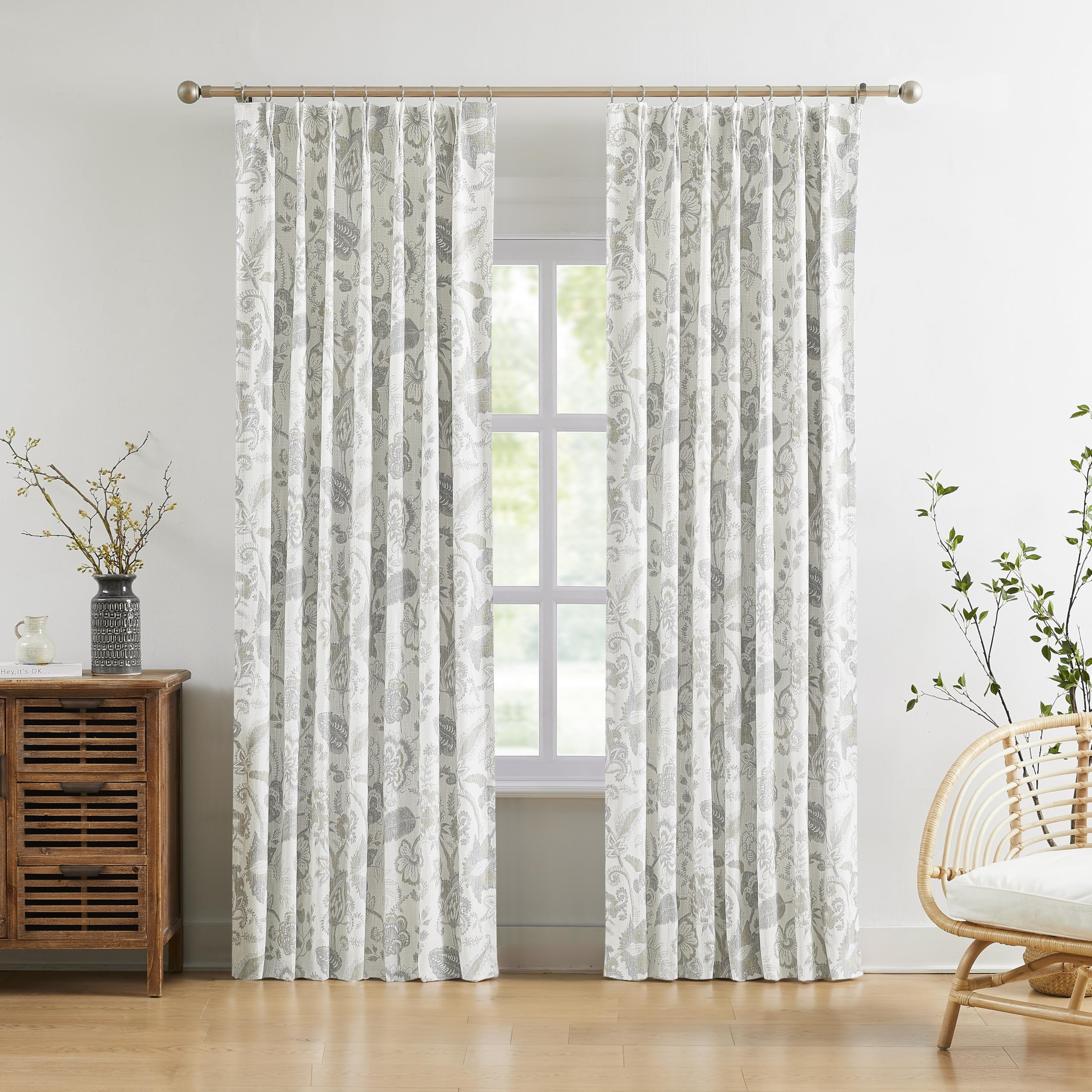 Kayne Studio Pinch Pleated Full Blackout Window Curtain Panels Botanical Floral Boho Leaf Print Country Farmhouse GreenYellow Room Darkening Thermal Insulated Window Treatment Bedroom,40"x84",2 Panels