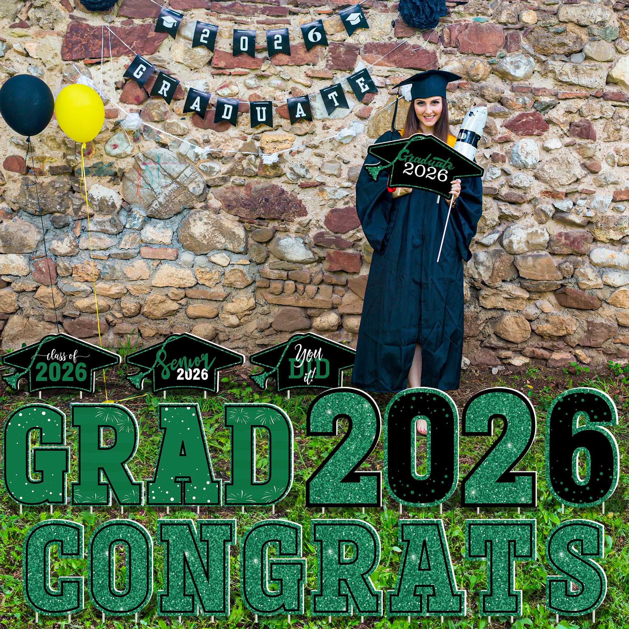 HOVACY 20 PCS Black Gold Graduation Yard Signs Class of 2026 | Black Gold 20 PCS, 40 Stakes, 11.57 x 16.14 in, Corrugated Plastic, Waterproof, Congrats Grad Sign, Graduation Sign