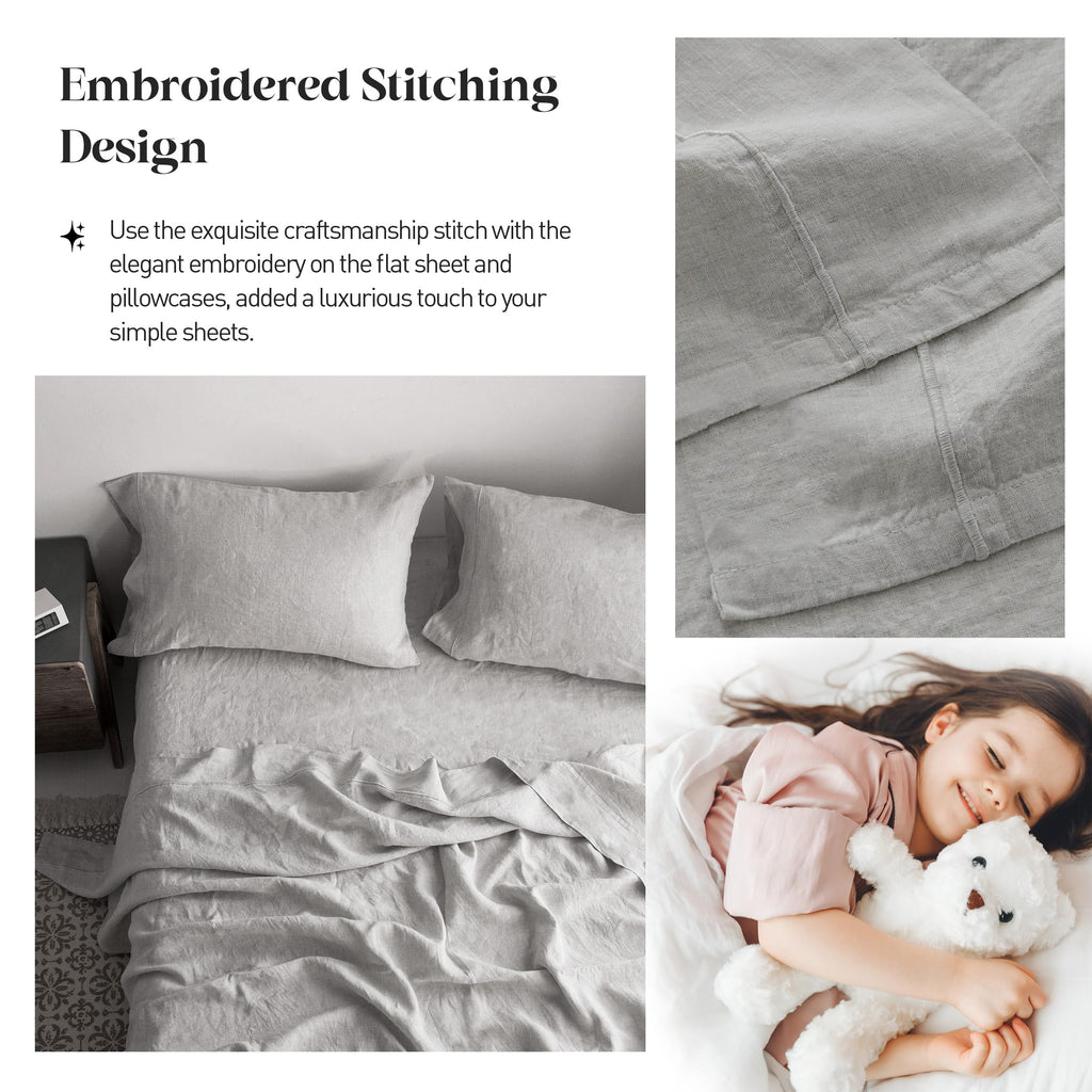 Simple&Opulence 100% Pure Linen Sheet Set Twin Size, Natural French Flax Solid Color 3 Pcs Washed Breathable, Farmhouse Bedding (1 Flat Sheet,1 Fitted Sheet,1 Pillowcase)-Embroidery Dark Grey