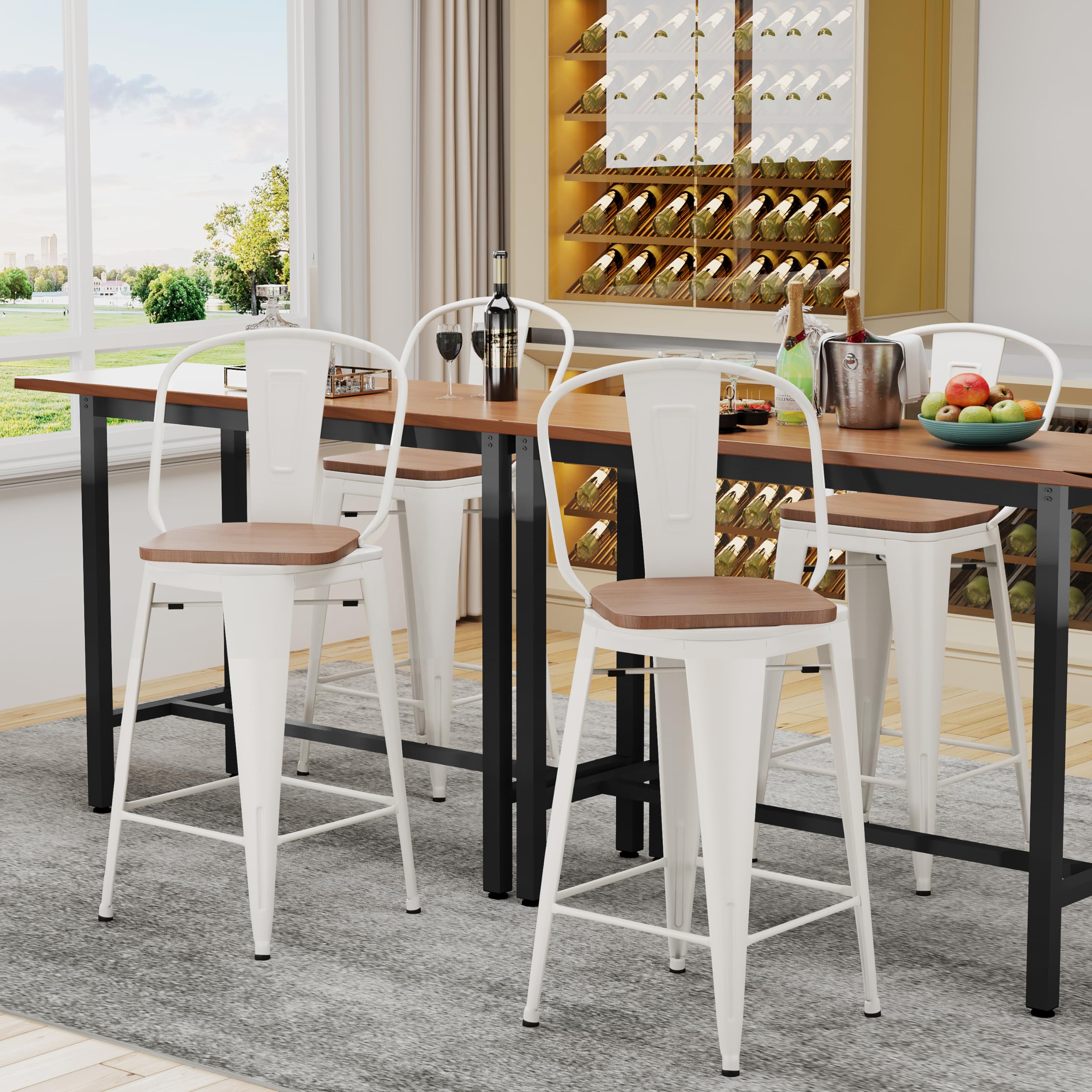 Alunaune 24" Swivel Metal Bar Stools Set of 4 High Back Counter Height Barstools Industrial Dining Bar Chairs with Large Wooden Seat-Matte Black