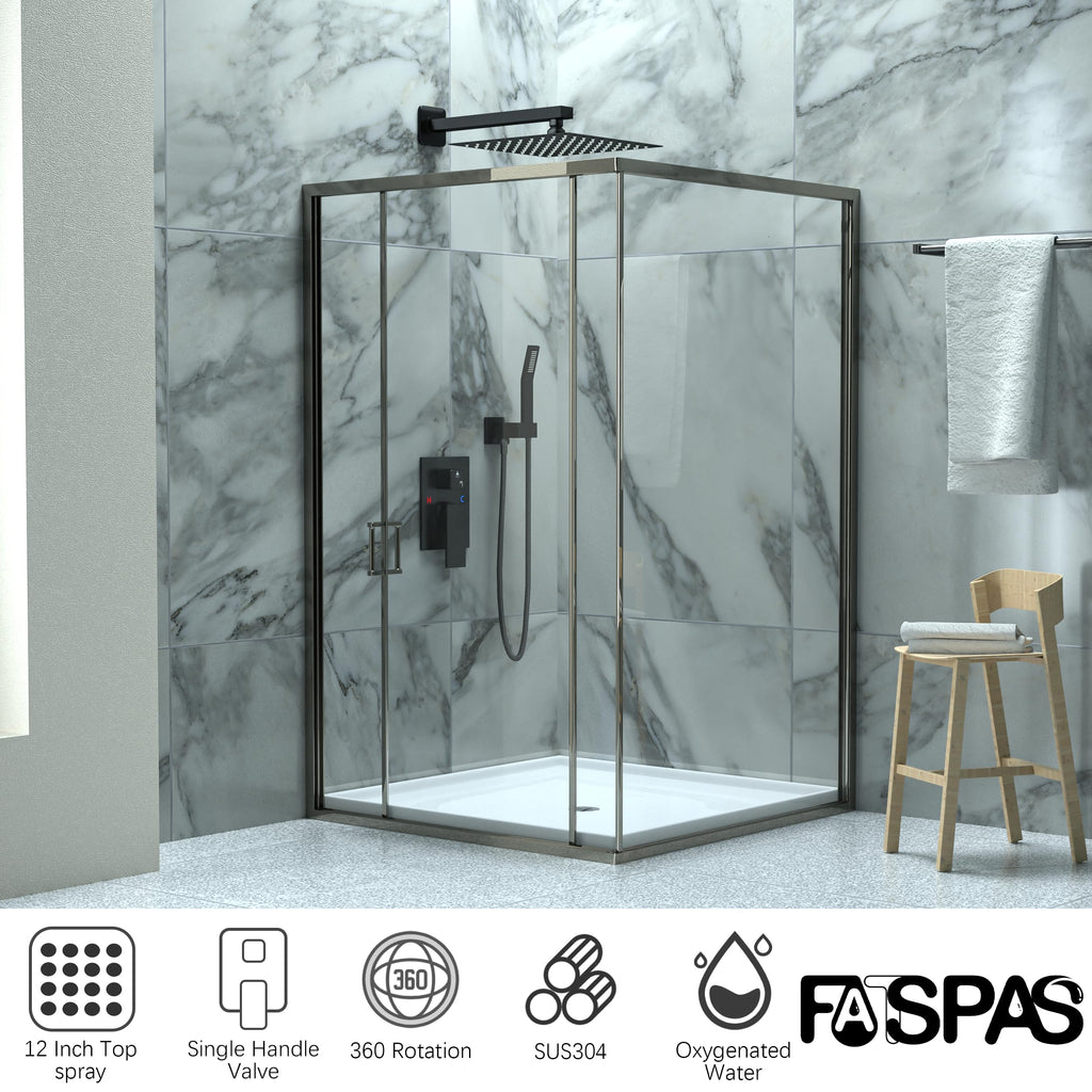 Brushed Gold Shower System with 10-Inch Rain Showerhead and Tub Spout | cUPC-certified pressure balance brass valve to prevent scalding, CEC-certified air injection technology for low pressure