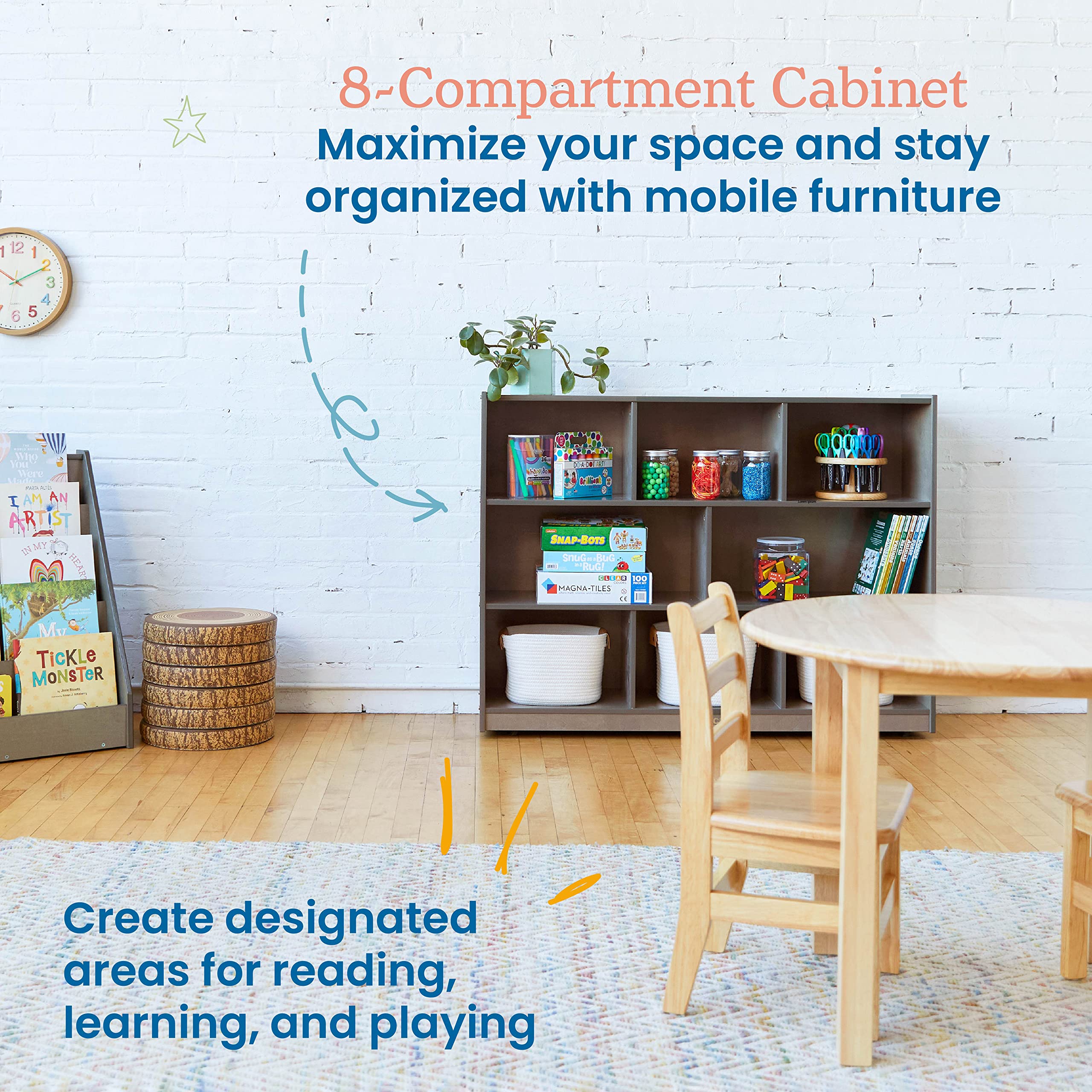 ECR4Kids 8-Compartment Mobile Storage Cabinet, Elementary, Classroom Furniture, Grey Wash