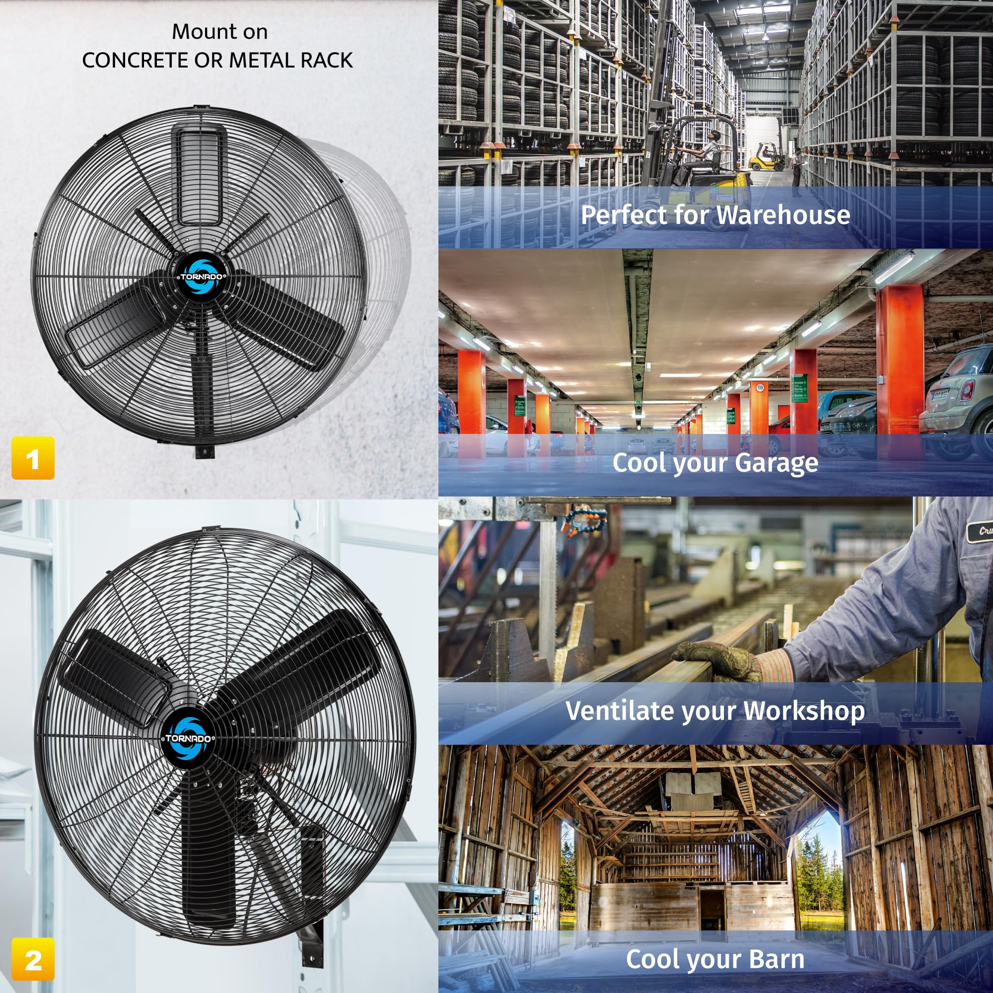 Tornado 16 Inch Professional High-Velocity Oscillating Wall-Mounted Fan – Ideal for Industrial, Commercial, and Residential Spaces – 3-Speed Settings, 2850 CFM, UL Safety Certified