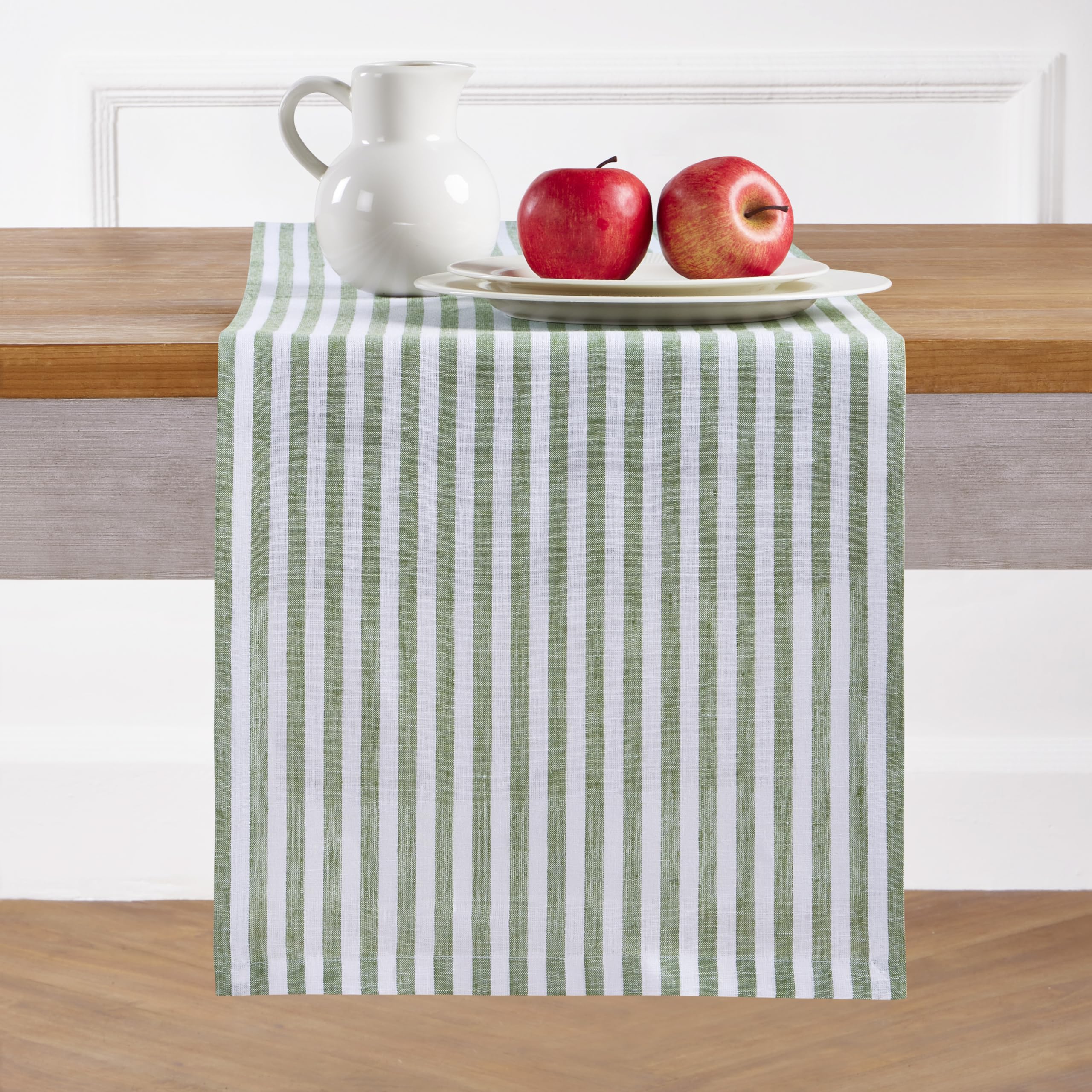 Solino Home Linen Table Runner 36 Inches - Amalfi Stripe 100% Pure Linen Natural and White Table Runner 14 x 36 Inch Ideal for Dresser and Coffee Tables - Summer