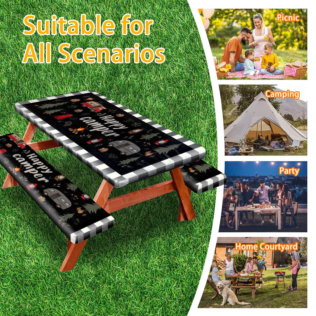 Park Picnic Table Cover with Bench Covers Lightweight Camping Essentials, Oil-Proof Waterproof 3PCS Tablecloth with Elastic, Fitted for Table 6FT Rectangle and Seats, American Flag Eagle (72x30in)