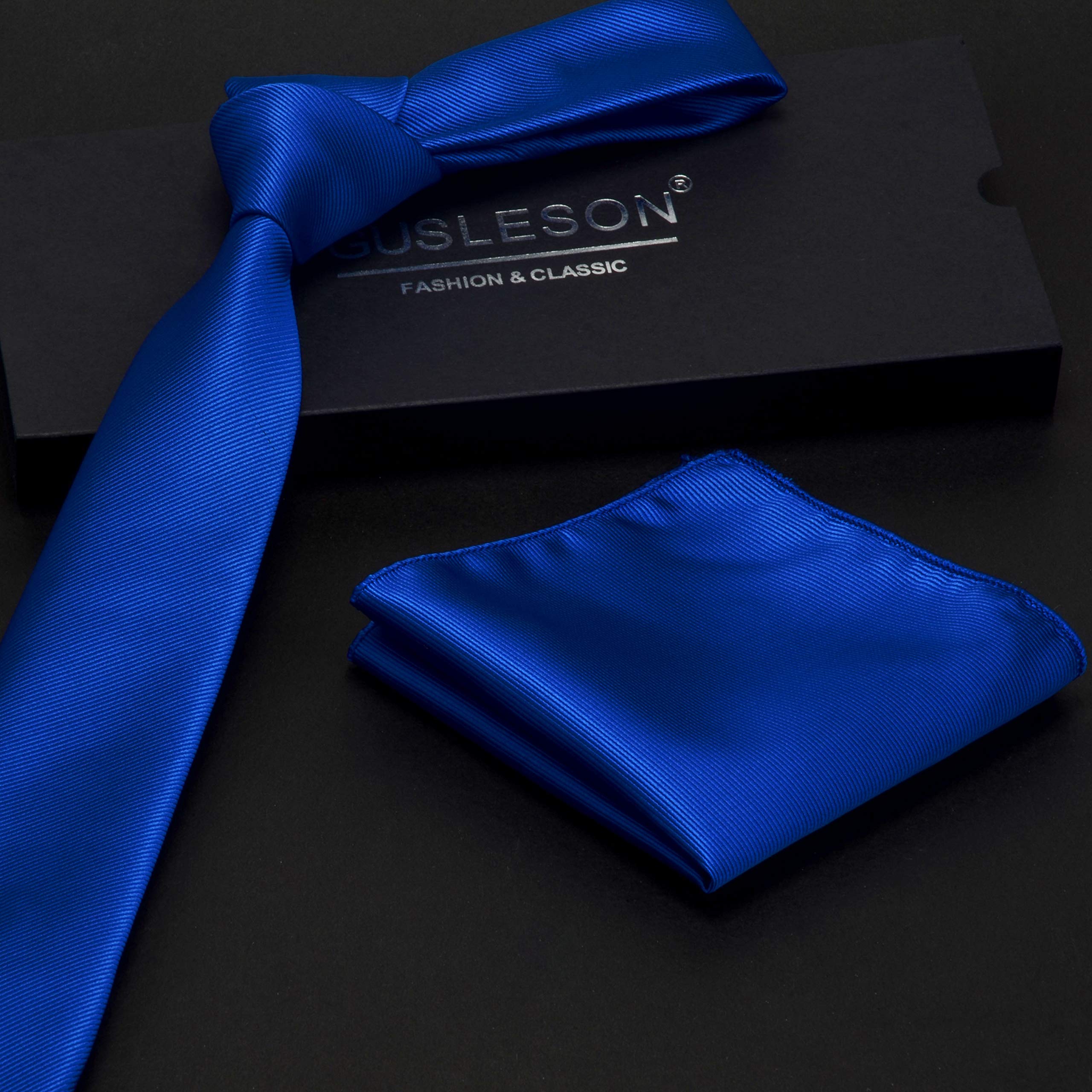 GUSLESON 2.4" Slim Necktie and Handkerchief Set For Men Solid Skinny Tie Set