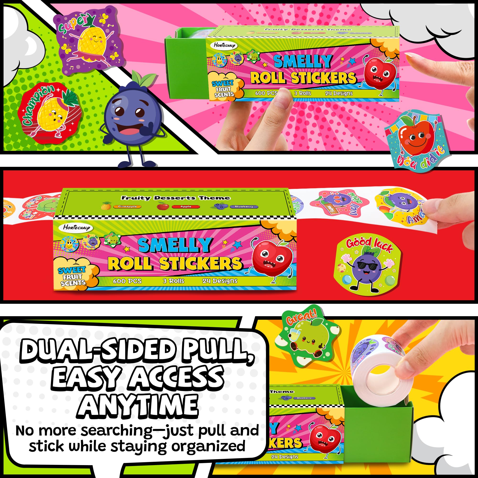 HORIECHALY 3 Rolls Scratch and Sniff Stickers for Kids, 600PCS Smelly Scented Stickers, Kid's Reward Sticker, Classroom Teacher Must Haves, School Supplies Incentives Christmas Children‘s Gift-1.57''