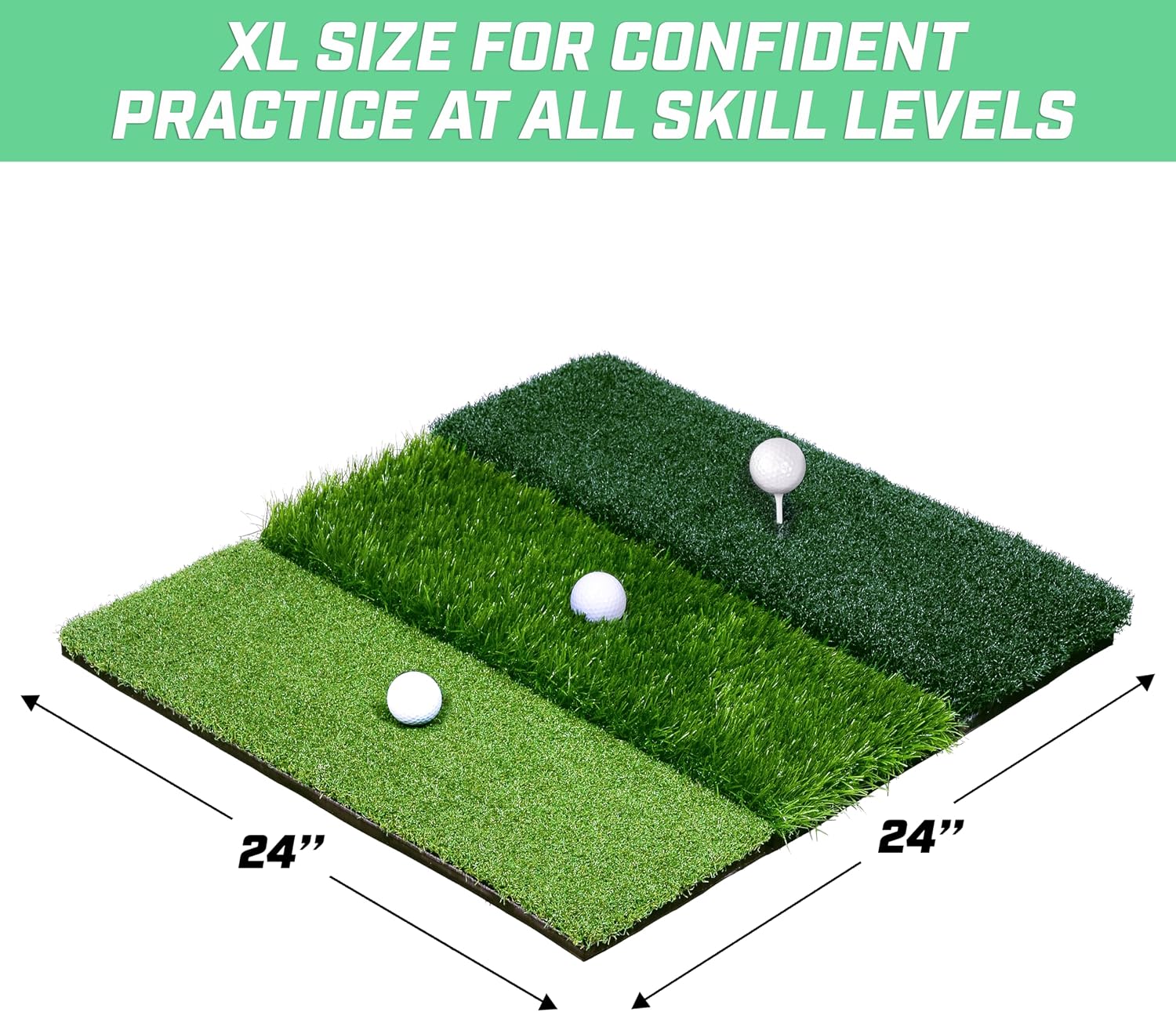 GoSports Tri-Turf XL Golf Hitting Mat – 24x24 in Golf Practice Mat for Indoor/Outdoor Training, Fairway Rough Tee Turf, Portable Golf Mat for Backyard, Garage & Golf Simulator Use