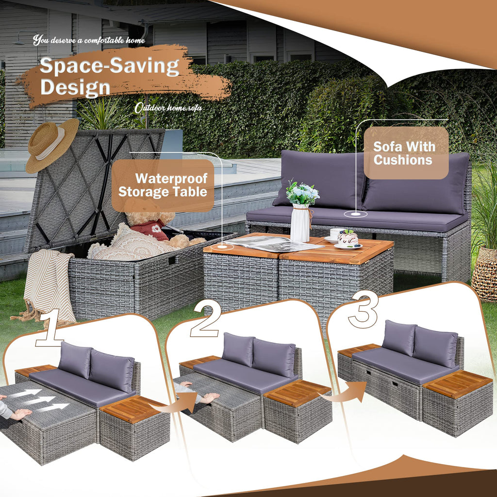 Devoko Outdoor Daybed Set Multifunctional Patio Day Bed Rattan Lounge Bed with 2 Side Tables for Backyard Porch Poolside Lawn Beach (Beige White)