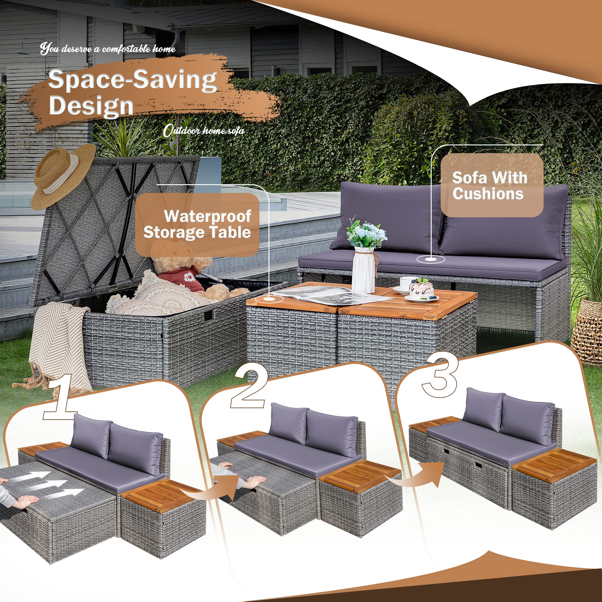 Devoko Outdoor Daybed Set Multifunctional Patio Day Bed Rattan Lounge Bed with 2 Side Tables for Backyard Porch Poolside Lawn Beach (Beige White)