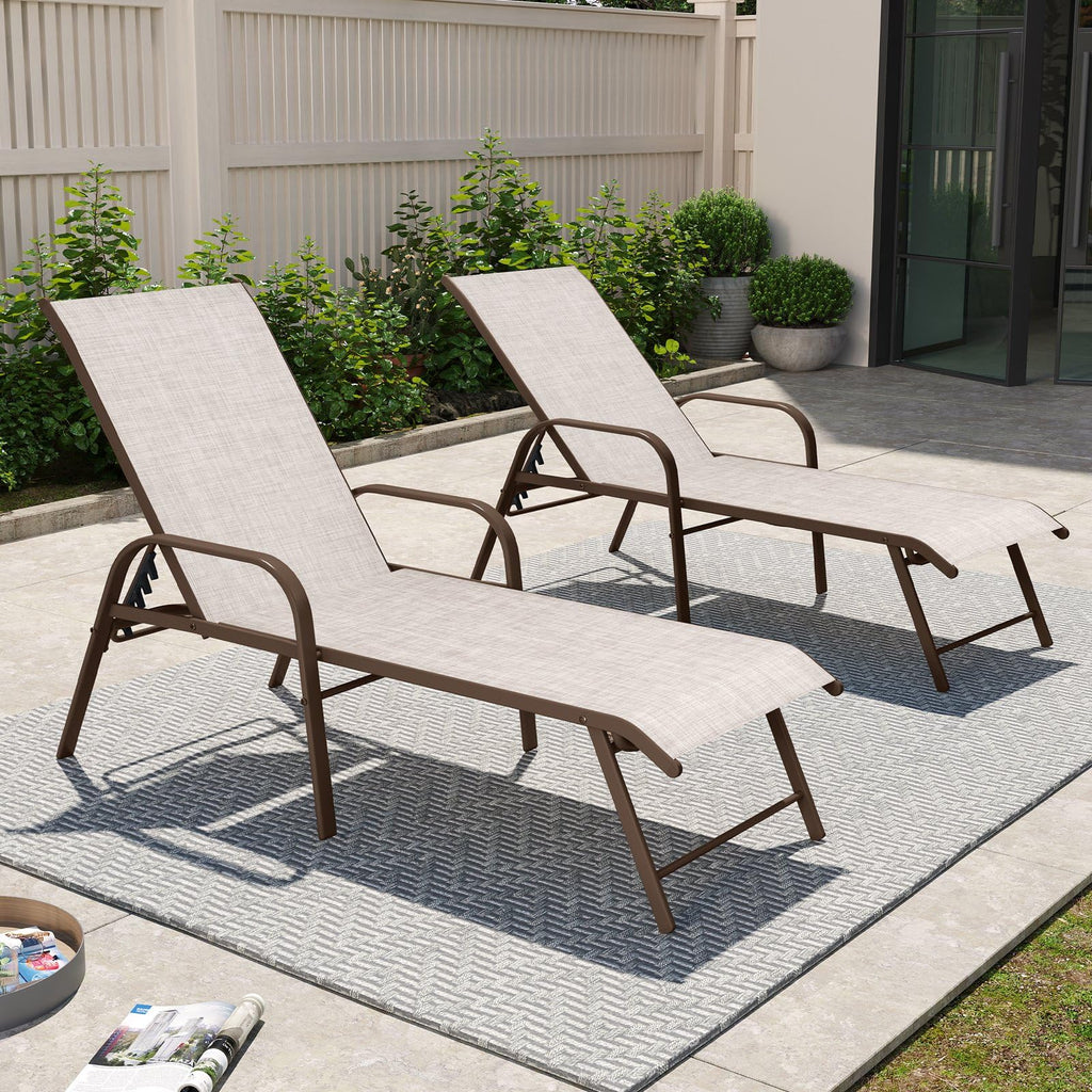 Crestlive Products Chaise Lounge Chair Outdoor with Armrests, Pool Lounge Chairs Set of 2, Aluminum Adjustable 5 Positions Sun Tanning Lounger for Patio, Poolside, Yard, Deck, Backyard (Beige)