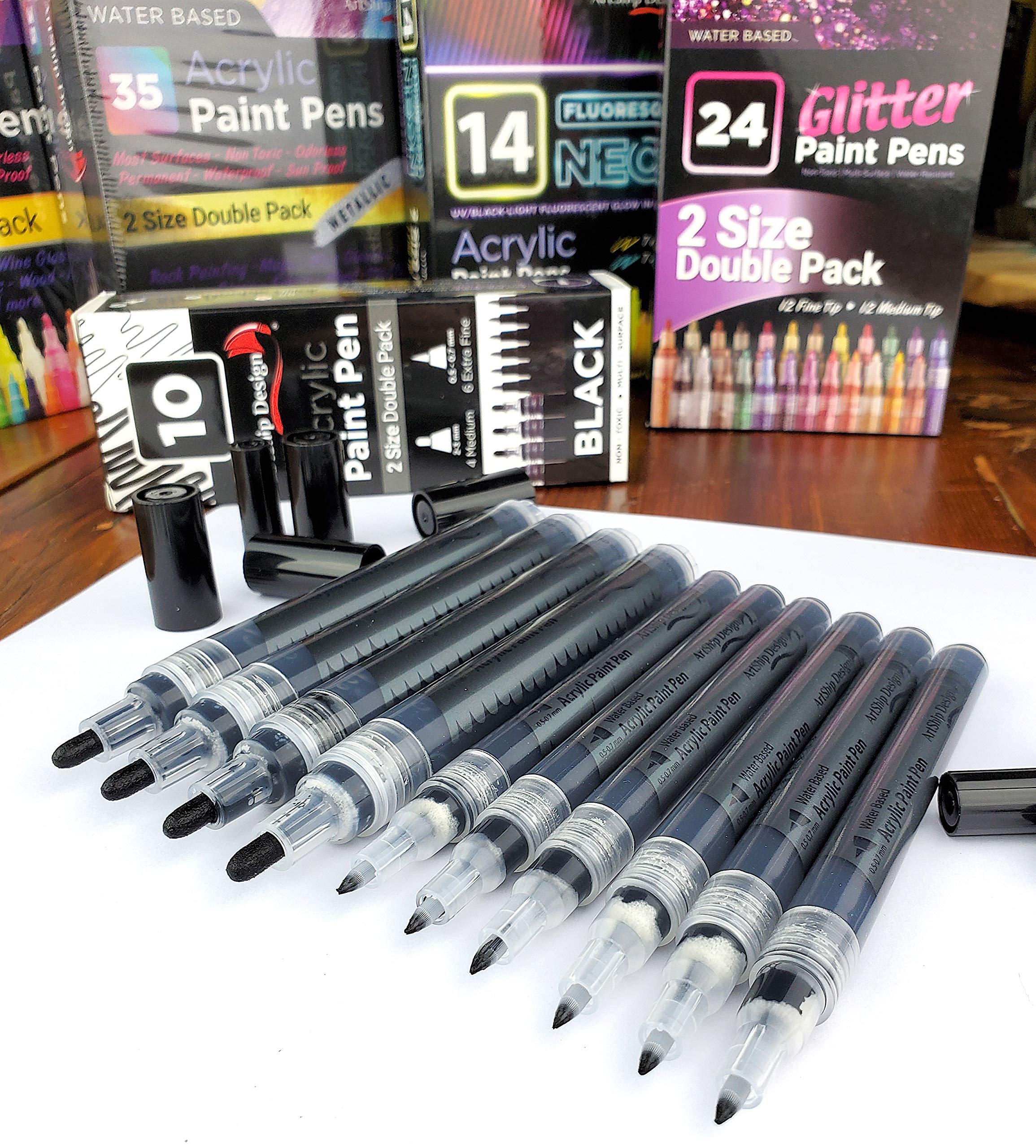 ArtShip Design 10 Black Acrylic Paint Pens, Double Pack of Both Extra Fine and Medium Tip Paint Markers, for Rock Painting, Mug, Ceramic, Glass, and Fabric Painting, Water Based Non-Toxic and No Odor