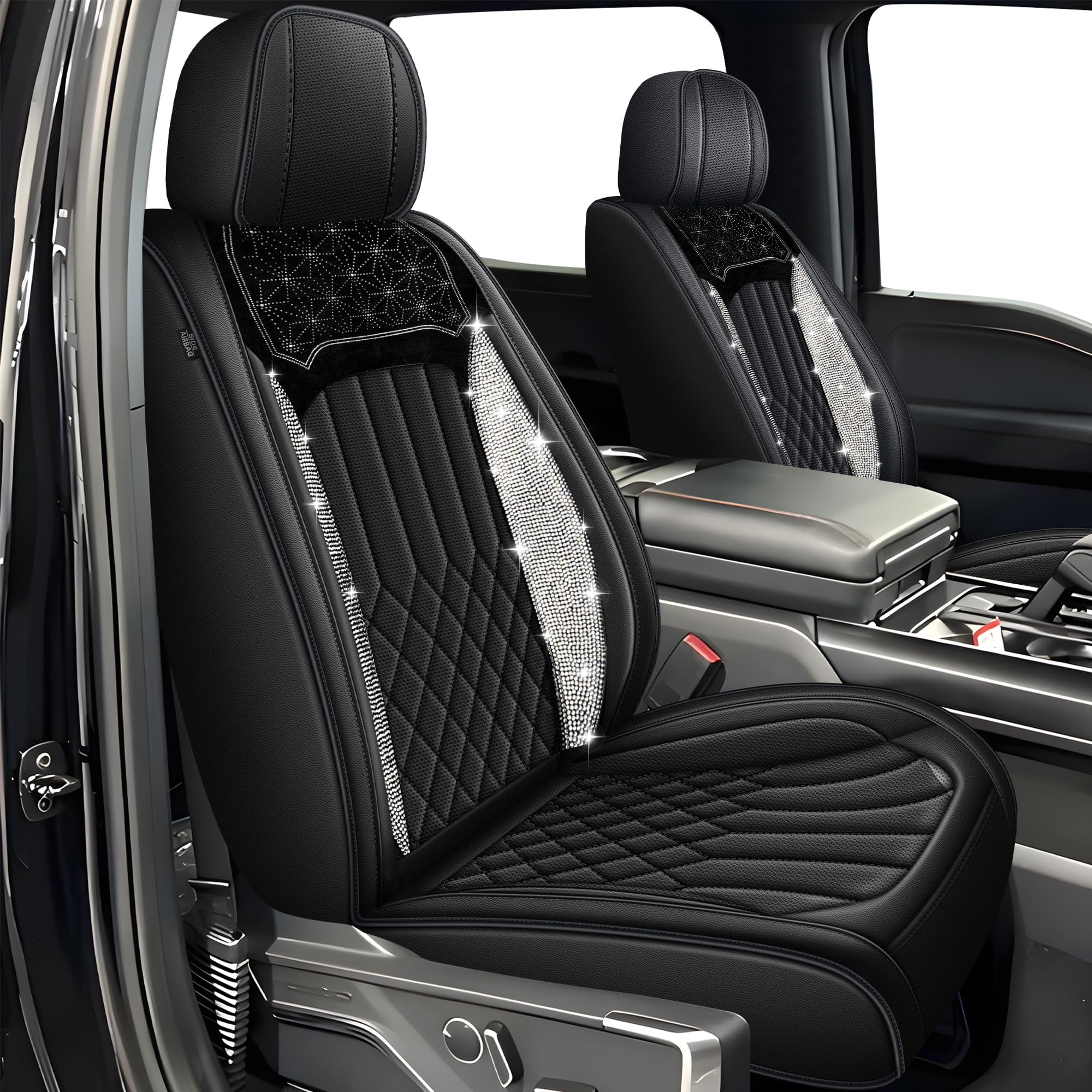AOMSAZTO Seat Covers Fit for Ford F150 : 2009-2024 2025 2026 - F250/F350/F450 2017-2024 2025 2026 Truck Pick-up Front Car Seat Covers Faux Leather(Blackline, 2PCS Front)