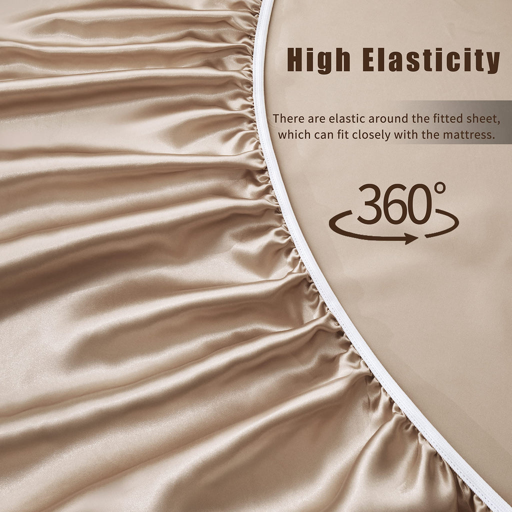 VACVELT 3pcs Beige Satin Sheets Twin Size Bed Set, 15 Inch Deep Pocket Silky Satin Sheet Set, Soft Satin Bedding Set Cooling & Luxury Bed Sheets, 1 Fitted Sheet + 1 Flat Sheet + 1 Pillowcase