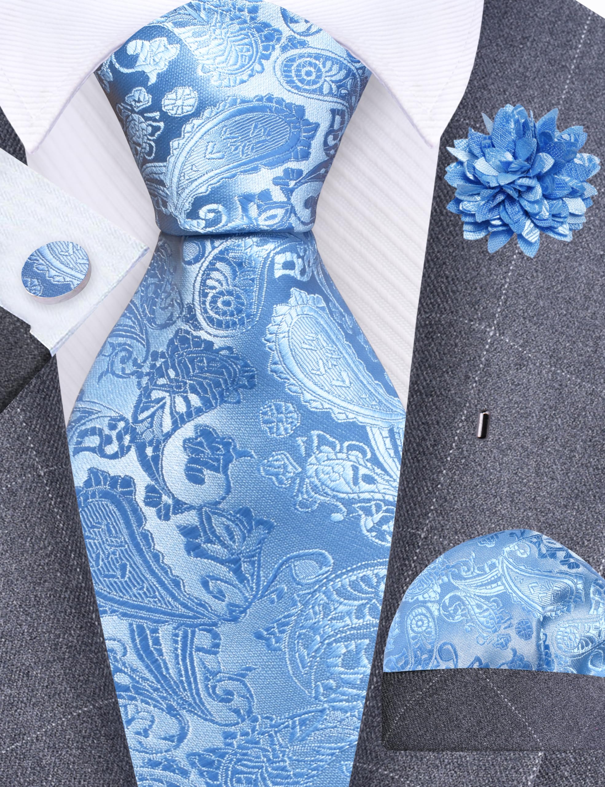GUSLESON 3.15"（8cm） Mens Paisley Tie and Lapel Pin Necktie Hankerchief Cufflinks Set for Men