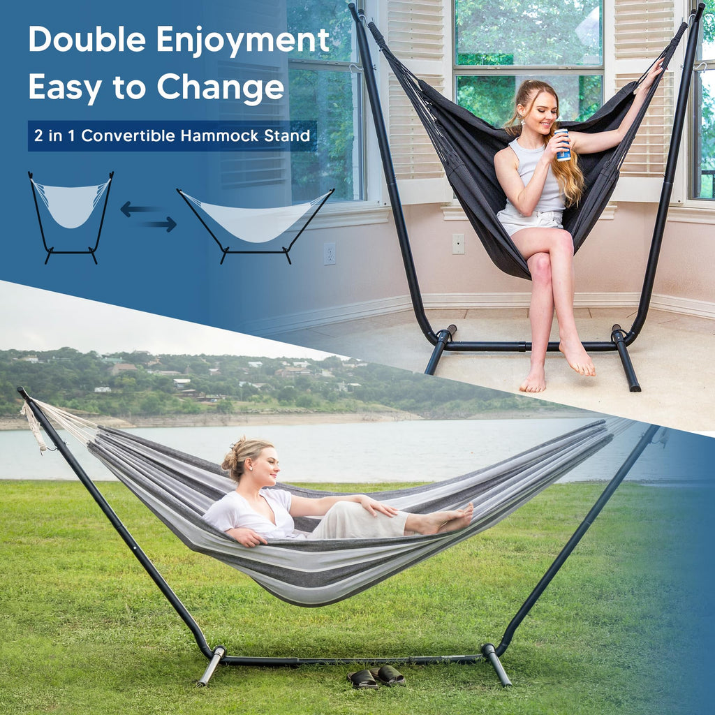 SUNCREAT 2-in-1 Convertible Free Standing Hammock with Stand Included, Camping Backyard Hammock with Stand, Patented, Blue & White Stripe