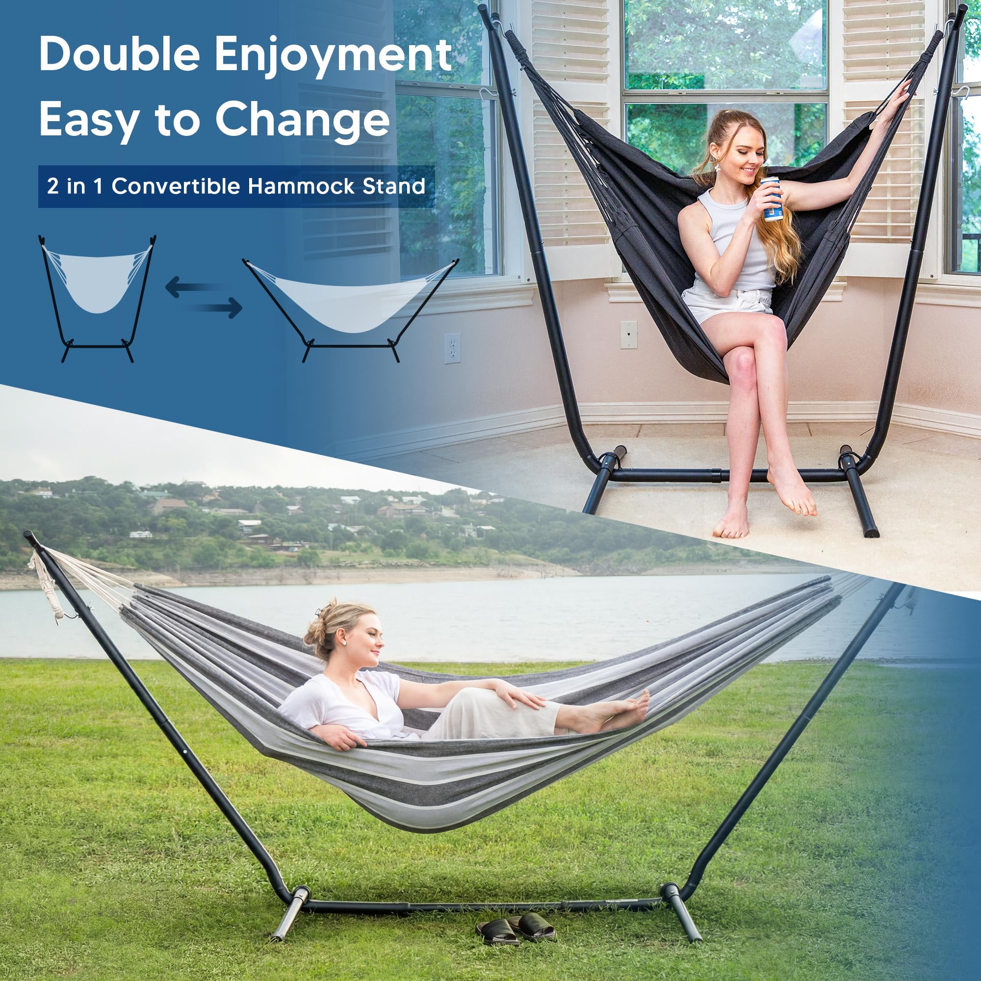 SUNCREAT 2-in-1 Convertible Free Standing Hammock with Stand Included, Camping Backyard Hammock with Stand, Patented, Blue & White Stripe