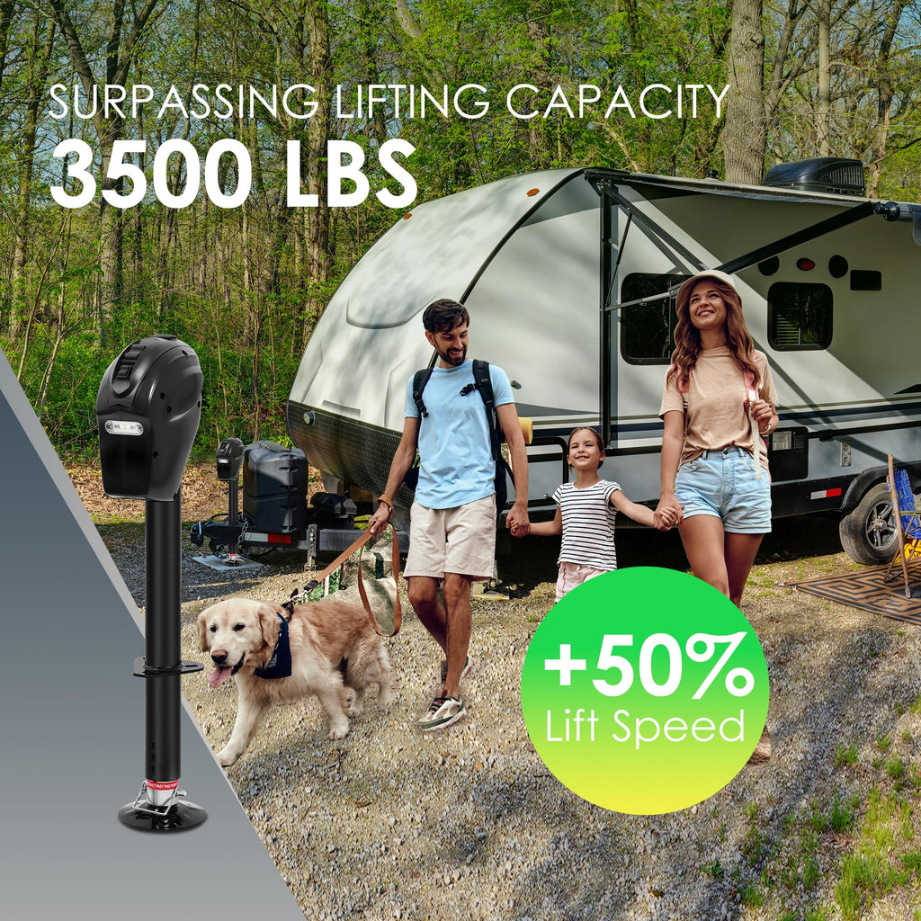 POLESTAR Electric Trailer Jack, 3500lbs Electric Power A- Frame Tongue Jack with Waterproof Protective Cover & LED Light for Travel Trailer Camper, RV, 12V DC with Hard Wiring, 9"-27" Lift