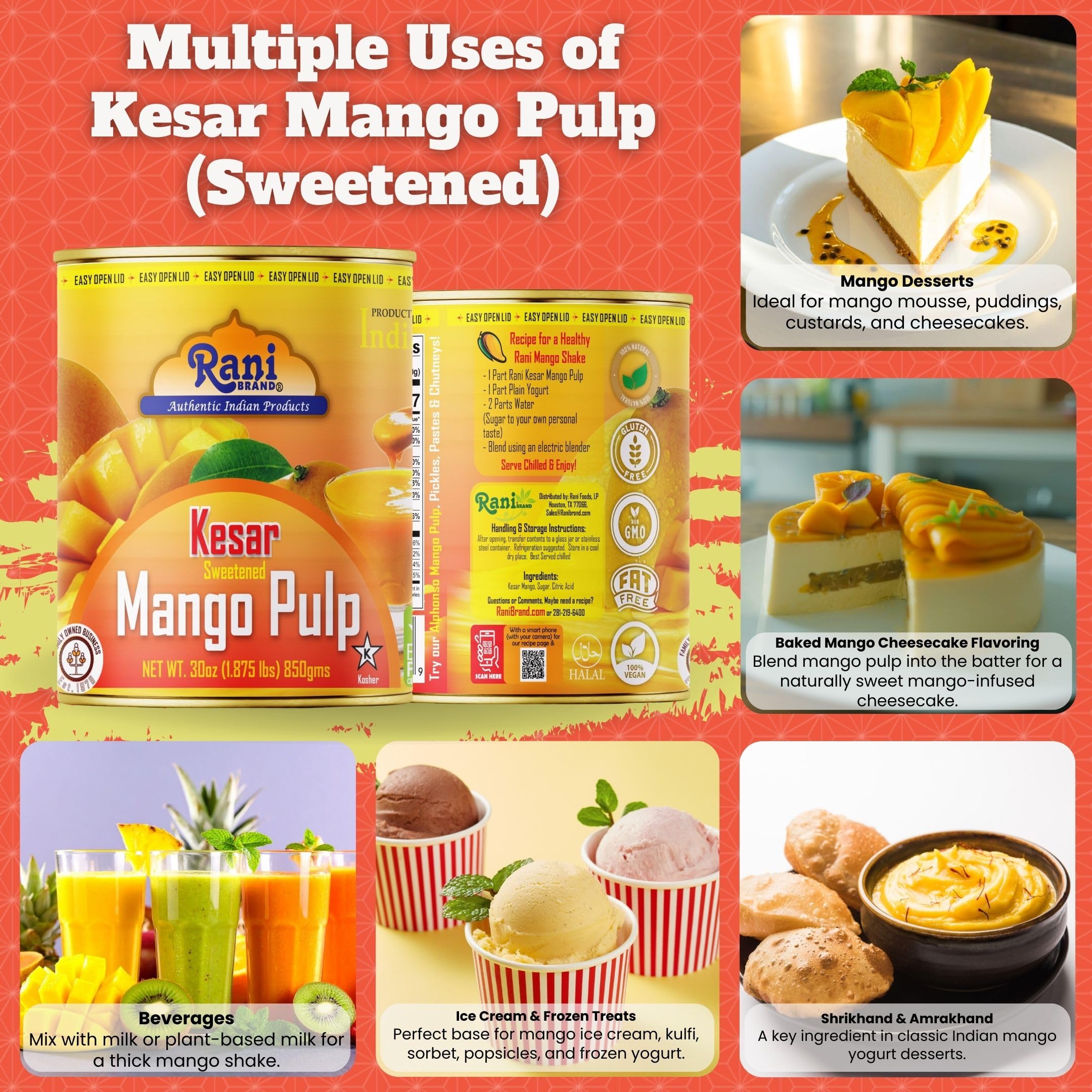 Rani Mango Pulp Puree (Makes Mango Lassi Shakes) Alphonso Sweetened 30oz (1.875lbs) 850g ~ Kosher | All Natural | NON-GMO | Vegan | No colors | Gluten Friendly | Indian Origin