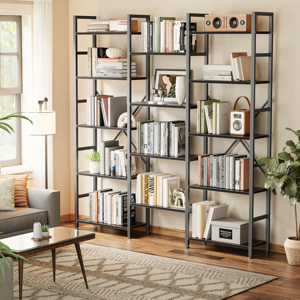 SUPERJARE Triple Bookshelf, Bookcase with 11 Open Display Shelves, Wide Book Shelf Book Case for Home & Office, 4 Tier, Black