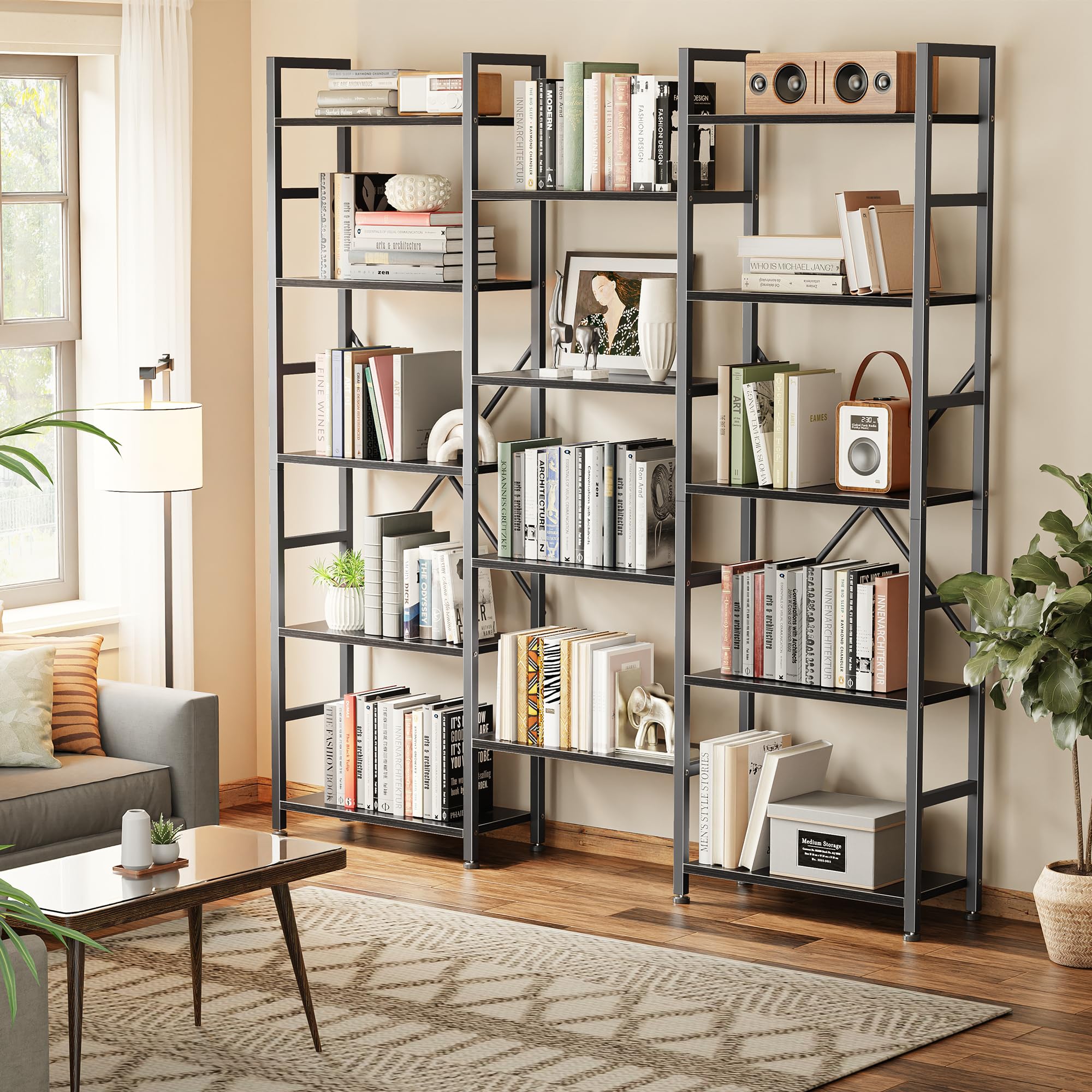 SUPERJARE Triple Bookshelf, Bookcase with 11 Open Display Shelves, Wide Book Shelf Book Case for Home & Office, 4 Tier, Black