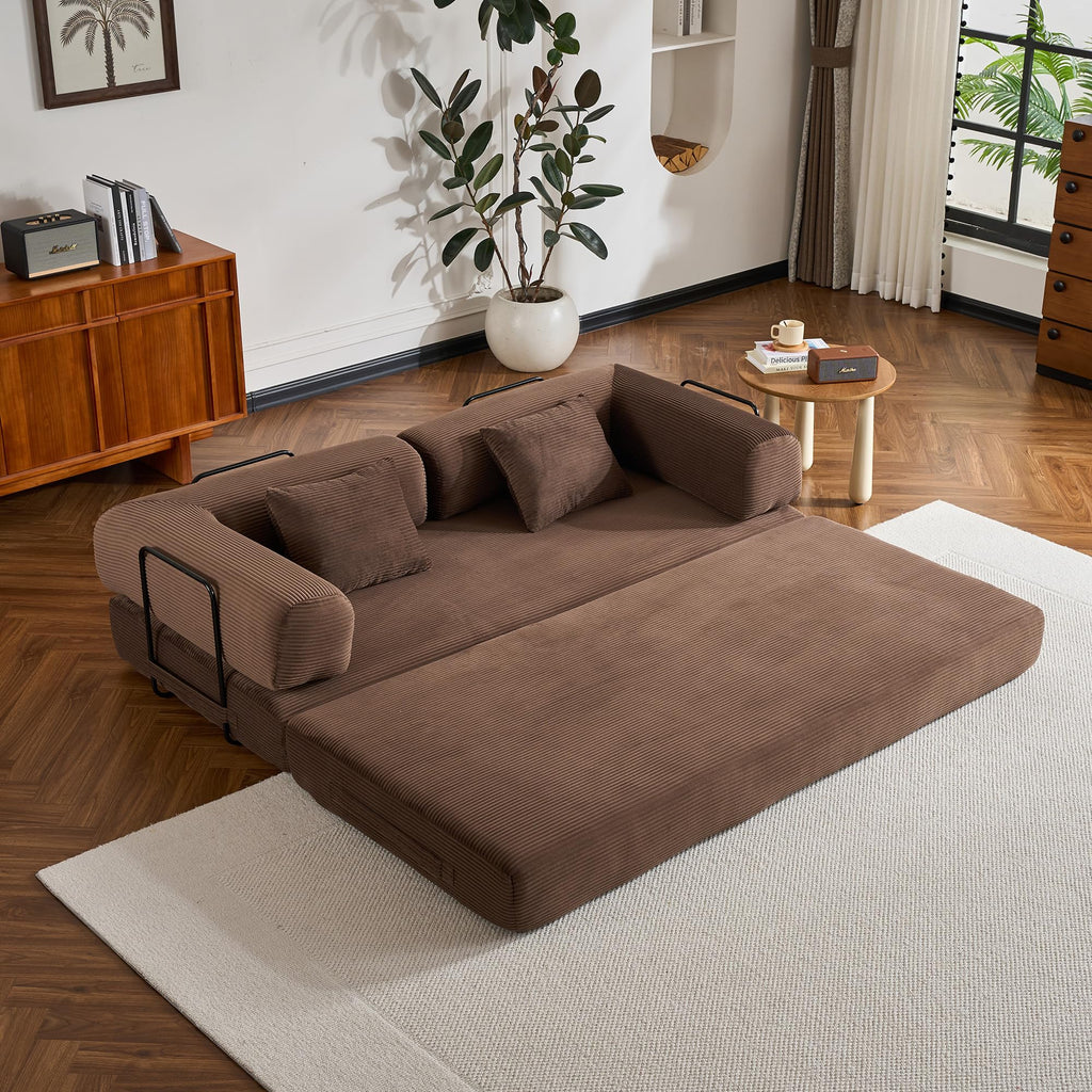 ZEIINPA 59“ Convertible Floor Sofa Bed, 5-in-1 Futon Sofa Bed Pull Out Sleeper Couch, Modern Corduroy Compressed Loveseat, Modular Boneless Couches for Living Room, No Assembly Required, Beige