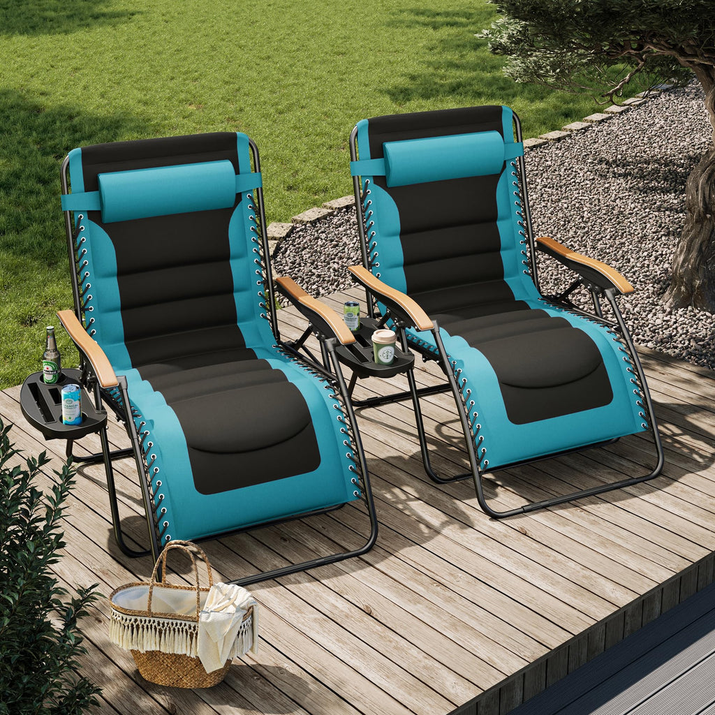 PHI VILLA XXL Oversized Padded Zero Gravity Chair Set of 2, Foldable Patio Recliner, 30" Wide Seat Anti Gravity Lounger with Armrest and Cup Holder, Support 400 LBS (Aqua Blue)