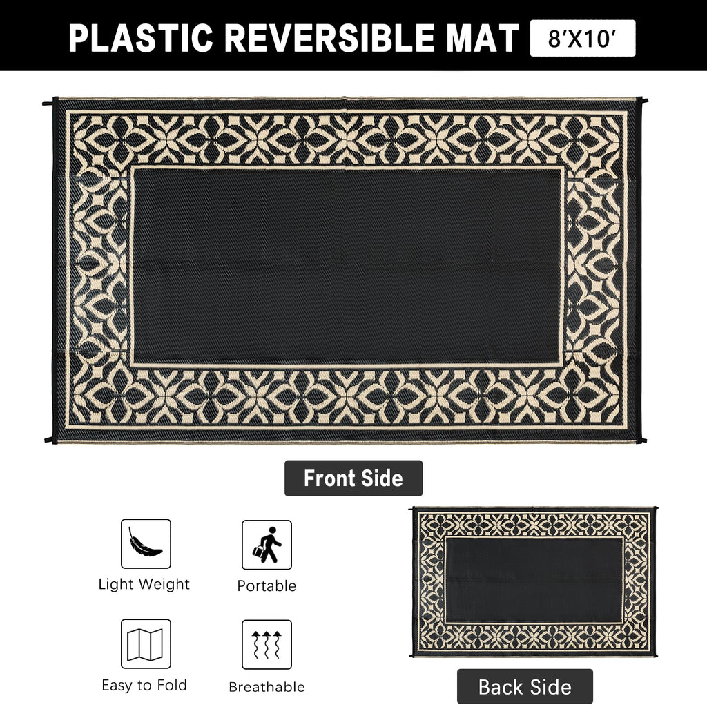 PureCozy Outdoor Plastic Straw Rug Black Beige Large Outside Waterproof Outdoor Patio 5x8 Carpet Geometric Reversible Mat Modern for Camping RV Porch Deck Balcony Beach