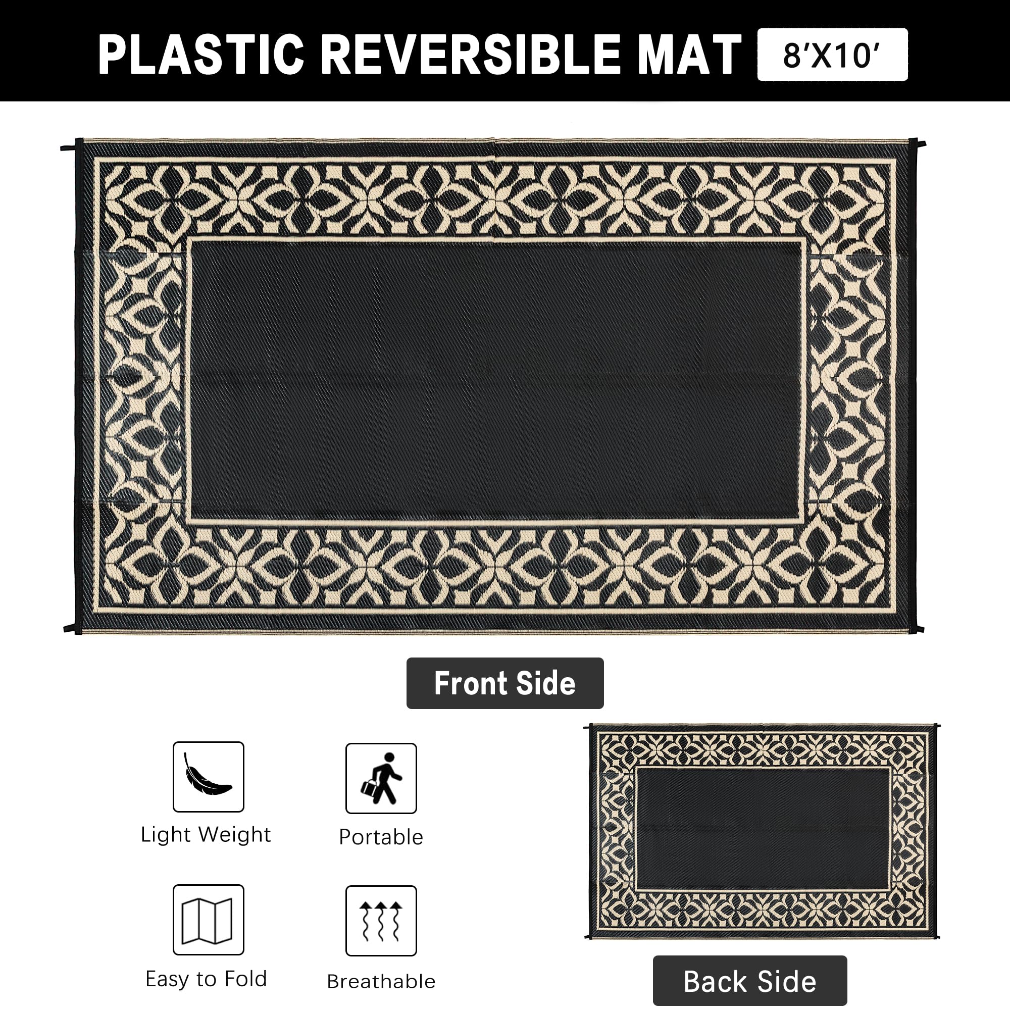 PureCozy Outdoor Plastic Straw Rug Black Beige Large Outside Waterproof Outdoor Patio 5x8 Carpet Geometric Reversible Mat Modern for Camping RV Porch Deck Balcony Beach