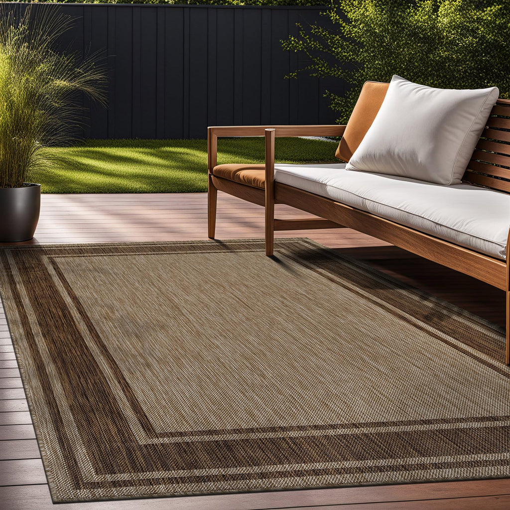 Beverly Rug Outdoor Rug 5x7 Modern Bordered Area Rugs for Indoor and Outdoor Patio Deck Porch Garden Waterproof Weather Sun Resistant Washable Outside Carpet (5 x 7 Beige)