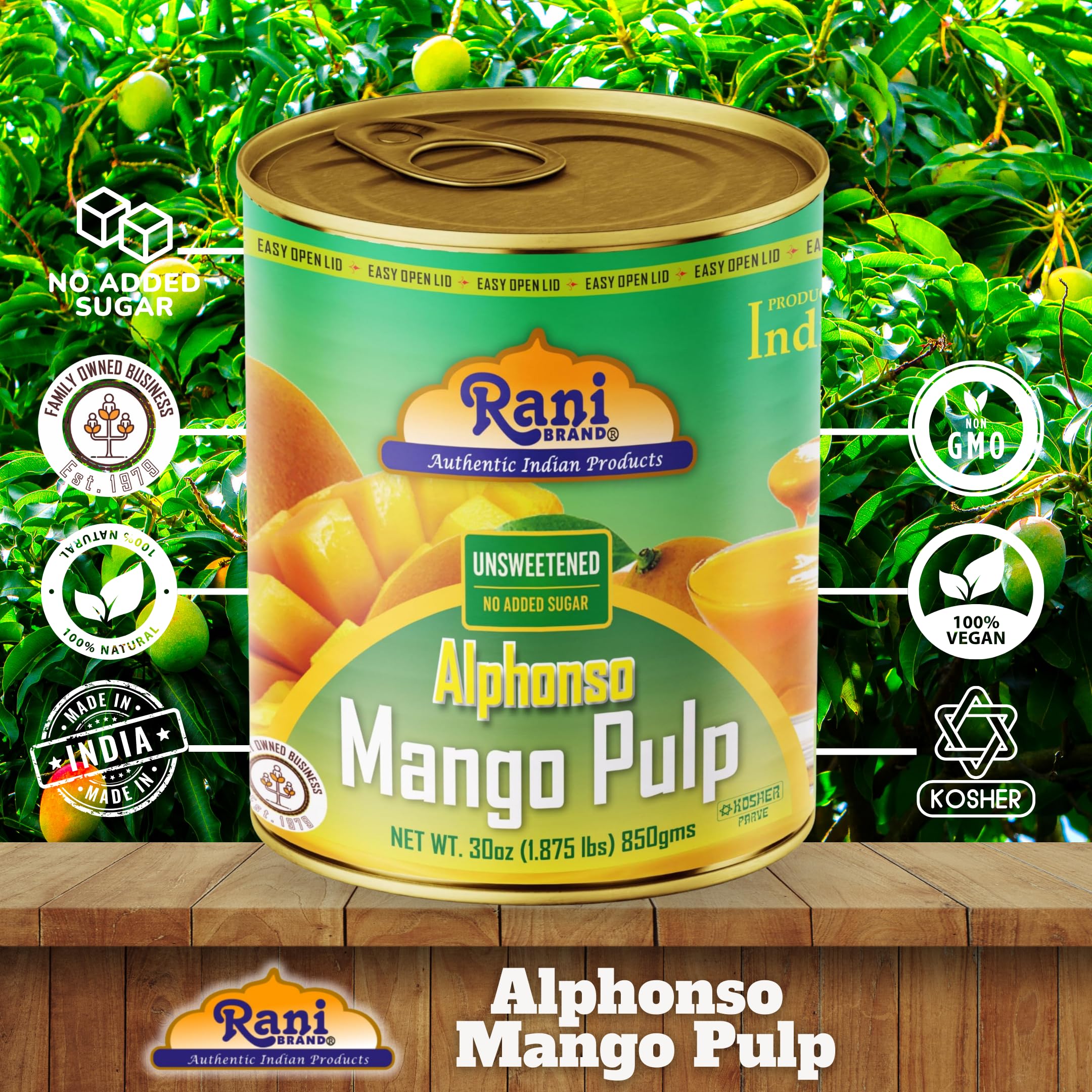 Rani Mango Pulp Puree (Makes Mango Lassi Shakes) Alphonso Sweetened 30oz (1.875lbs) 850g ~ Kosher | All Natural | NON-GMO | Vegan | No colors | Gluten Friendly | Indian Origin