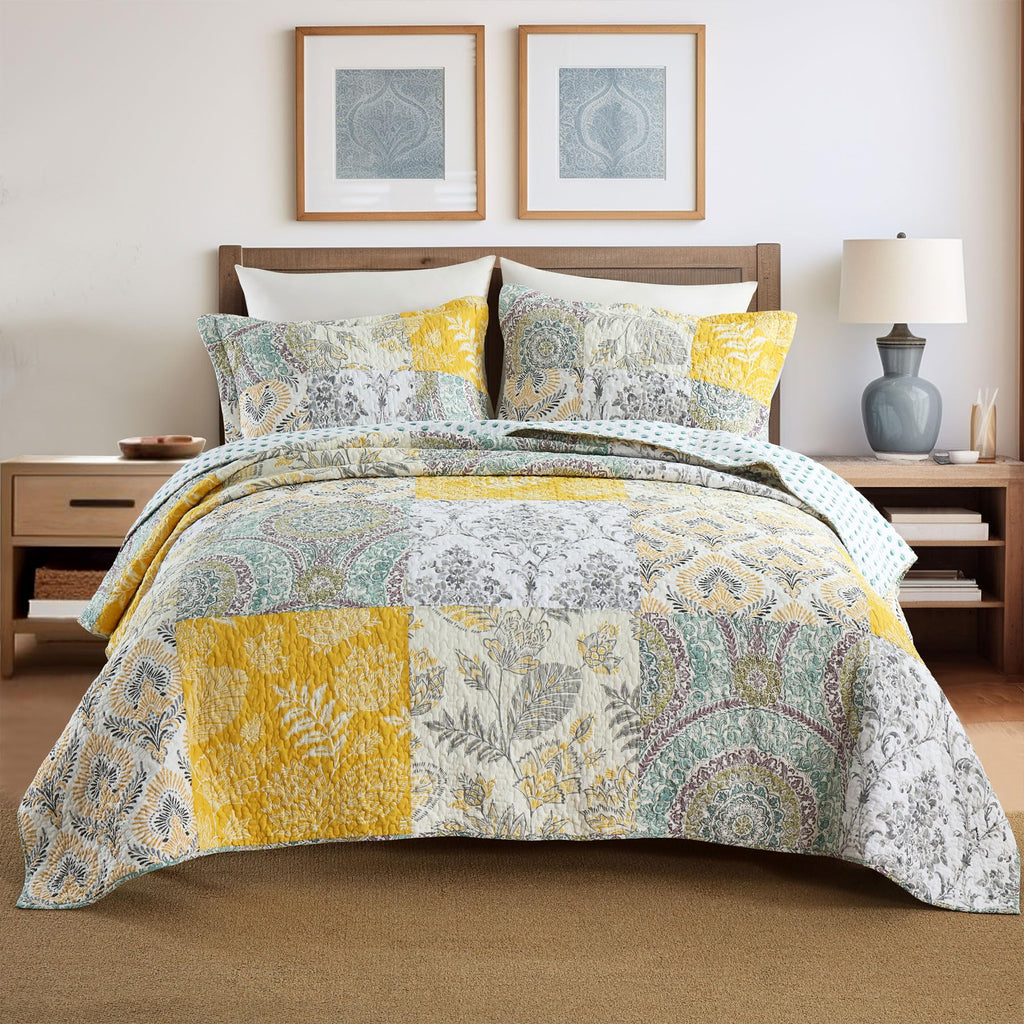 Secgo Twin Comforter Set for Bed - 100% Cotton Quilts Twin Size, Black Bedspreads with 2 Pillow Shams, Patchwork Reversible Lightweight Bedding