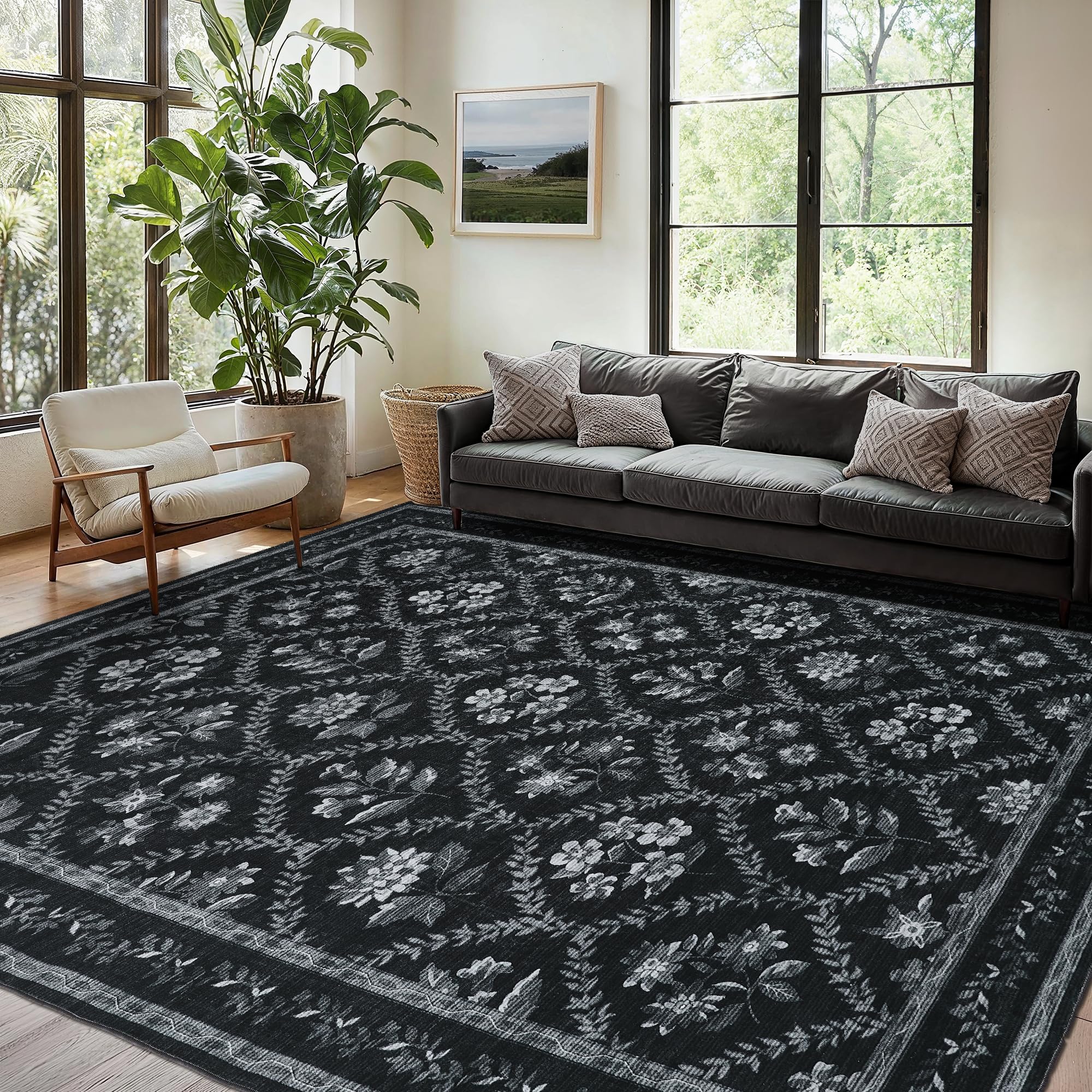 Black Floral Area Rug for Entryway 2x3 Washable Small Rug Low Pile Non Slip Distressed Entry Mat Soft Farmhouse Indoor Entrance Door Mat for Kitchen Bedroom Home Office Black Grey and White