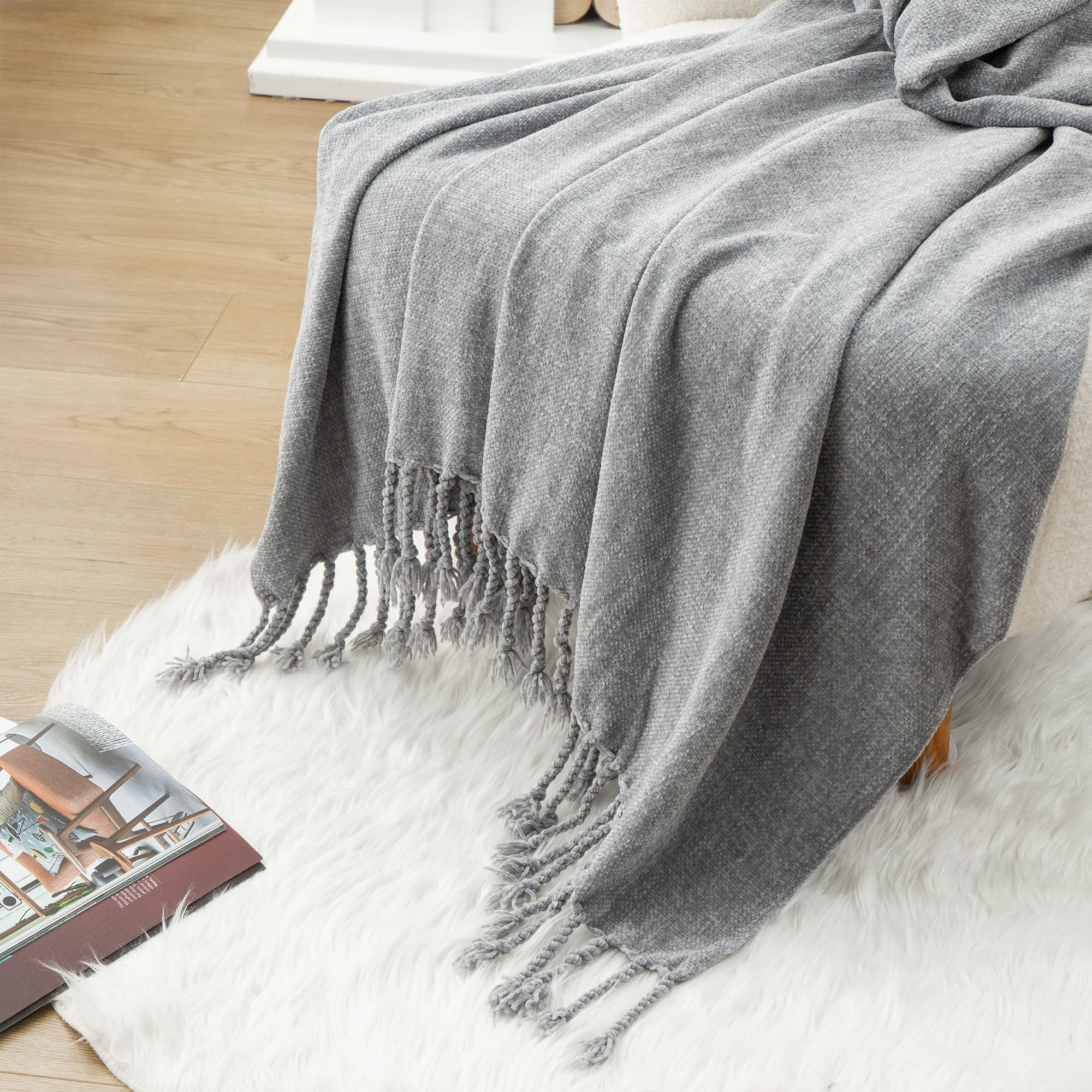 BATTILO HOME Beige Chenille Throw Blanket for Couch, Soft Cozy Textured Knit Throw Blanket with Handmade Fringe Tassels, Lightweight Decorative Farmhouse Blanket for Sofa Bed Chair, 50"x60"
