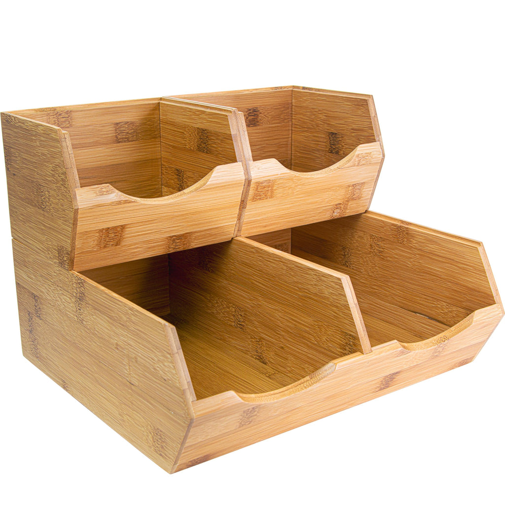 HOMESTEAD Bamboo Pantry Storage Bins – Stackable Potato & Onion Storage Bin for Kitchen Countertop, Pantry Organizer, Fruit Vegetable Basket, Multiuse - Set of 3 Slide-Out Access
