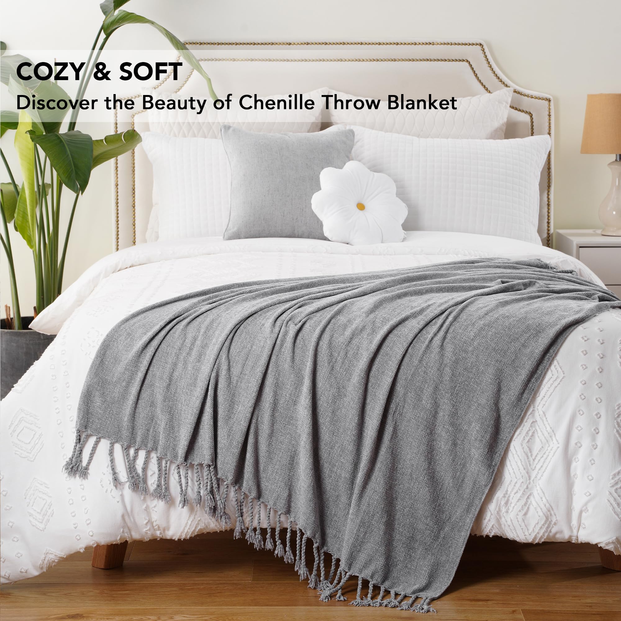 BATTILO HOME Beige Chenille Throw Blanket for Couch, Soft Cozy Textured Knit Throw Blanket with Handmade Fringe Tassels, Lightweight Decorative Farmhouse Blanket for Sofa Bed Chair, 50"x60"