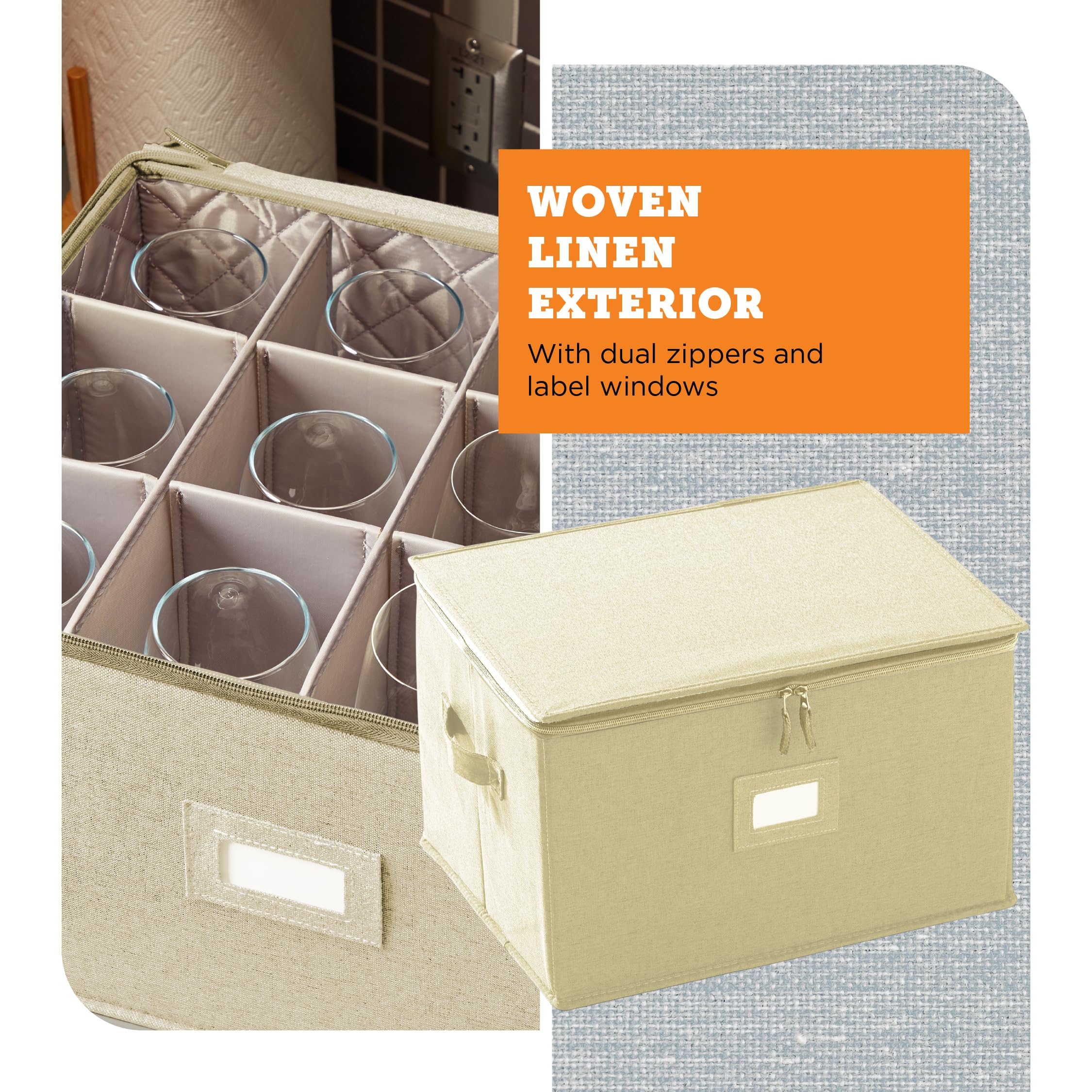 storageLAB Wine Glass Storage Containers, Hard Shell Organizer for Stemware and Glassware Sets, Stackable Wine Glass Storage Box with Dividers for Kitchen and Moving Supplies - 1 Pack, Cream