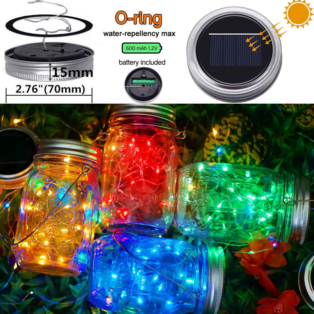 SunKite Solar Mason Jar Lights [Updated], 8 Pack 20 LED Waterproof Fairy Firefly Jar Lids String Lights with Hangers(NO Jars), Patio Yard Garden Wedding Decoration - Colorful