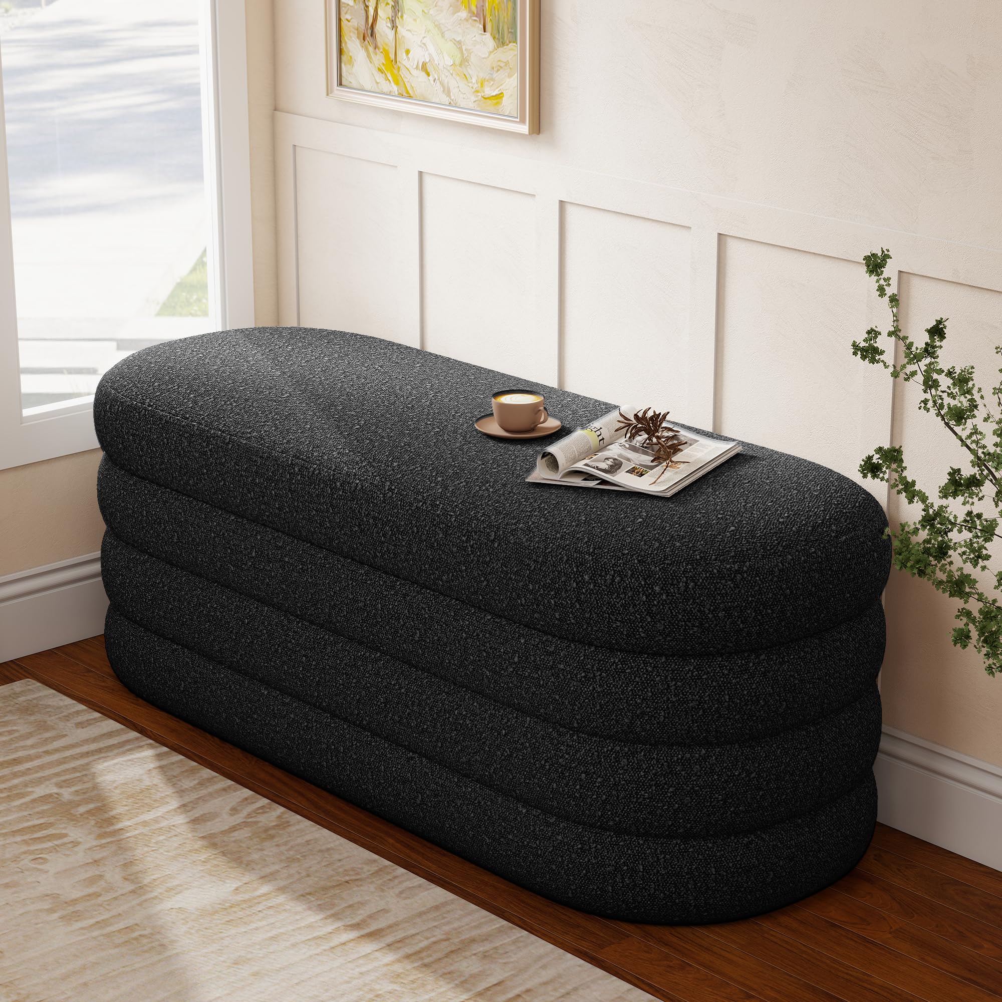 Busaurus Storage Ottoman Bench 49.2 Inch Upholstered Fabric Storage Bench for Bedroom End of Bed Aesthetic Large Oval Ottoman for Living Room Entryway (Black)