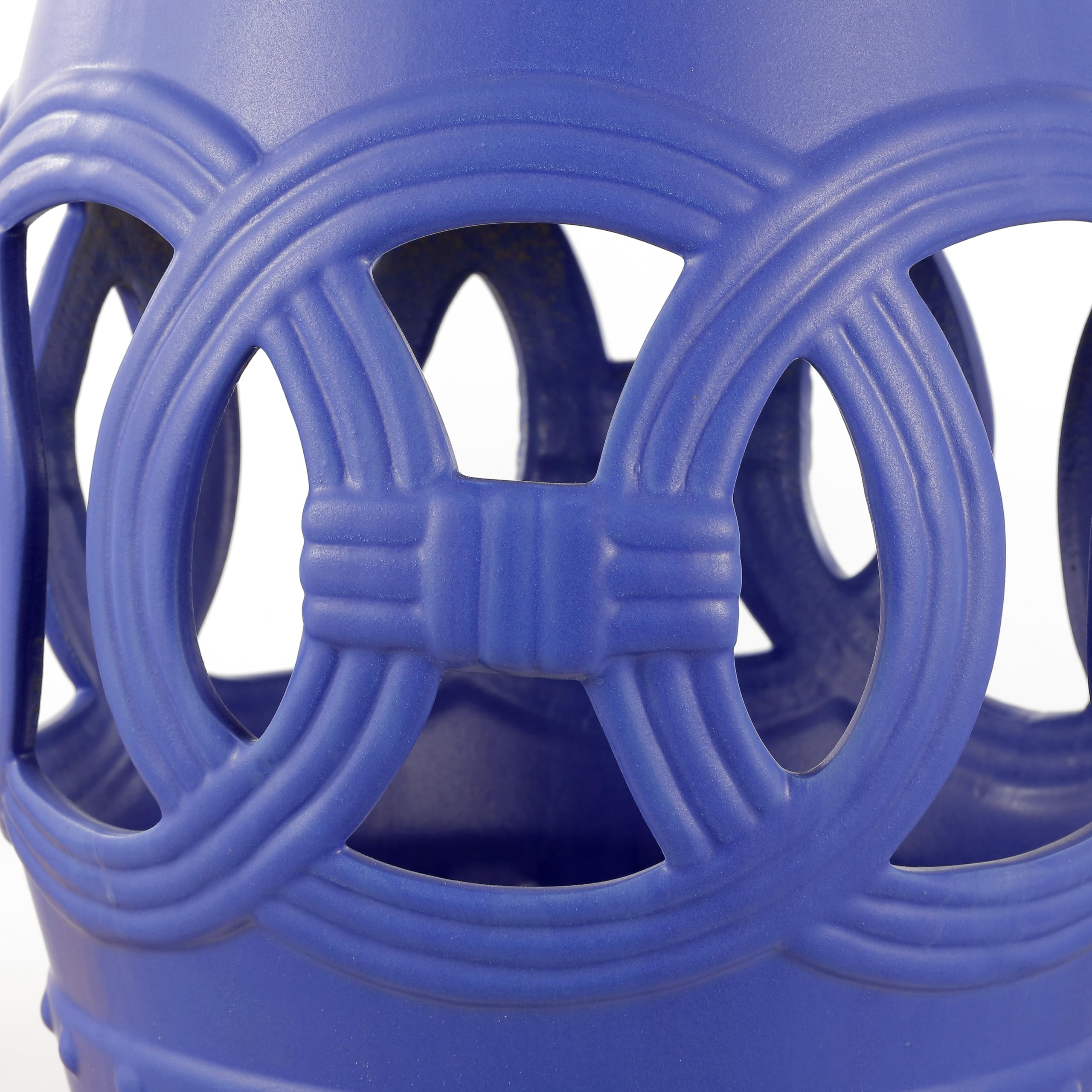 JONATHAN Y Lucky Coins 16" Ceramic Garden Stool, Contemporary Blue/White Cutout Interlocking Rings Drum Indoor/Outdoor Side Table and Plant Stand for Patio, Garden, Living Room TBL1027A