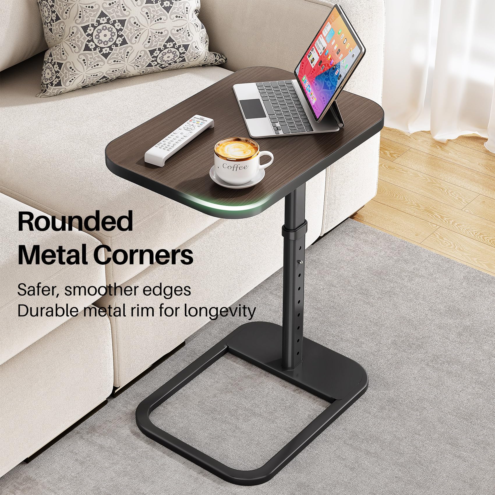 Kitstorack TV Tray Table, Adjustable Height & Rounded Metal Corners, Snack Table for Couch, Sofa, Bed, Chair, Living Room, C Shaped End Side Table for Eating, Dinner or Laptop, Small Spaces, Black