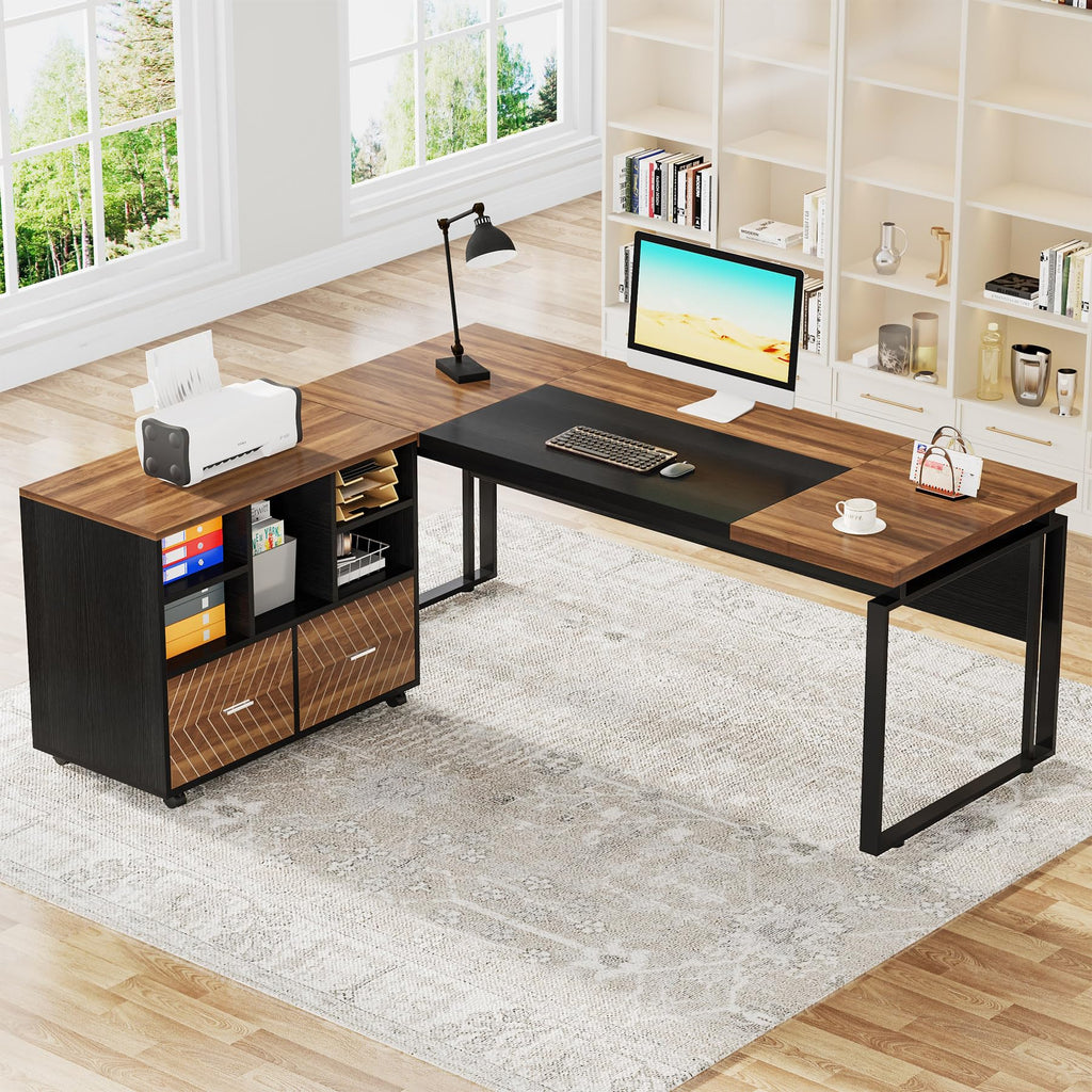 Tribesigns L-Shaped Executive Desk with Reversible File Cabinet, 63" Office Desk with Storage Drawers, L-Shaped Computer Desk with Drawer Cabinet for Hanging Letter Size Files (Gray & Black)