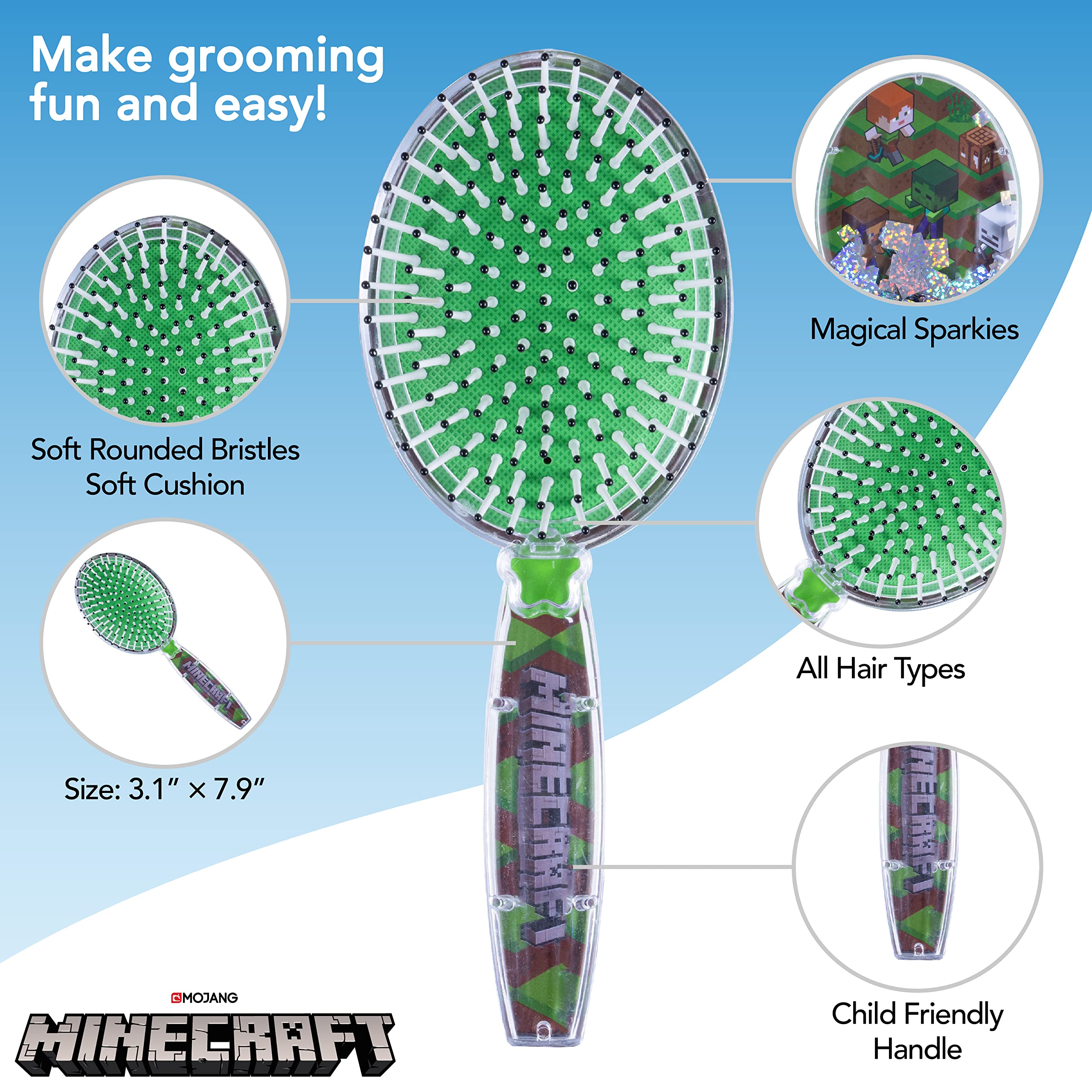 CoComelon Hair Brush with Magical Sparkling Stars Confetti HairBrush, Green - Kids Hair Brush Ages 3+