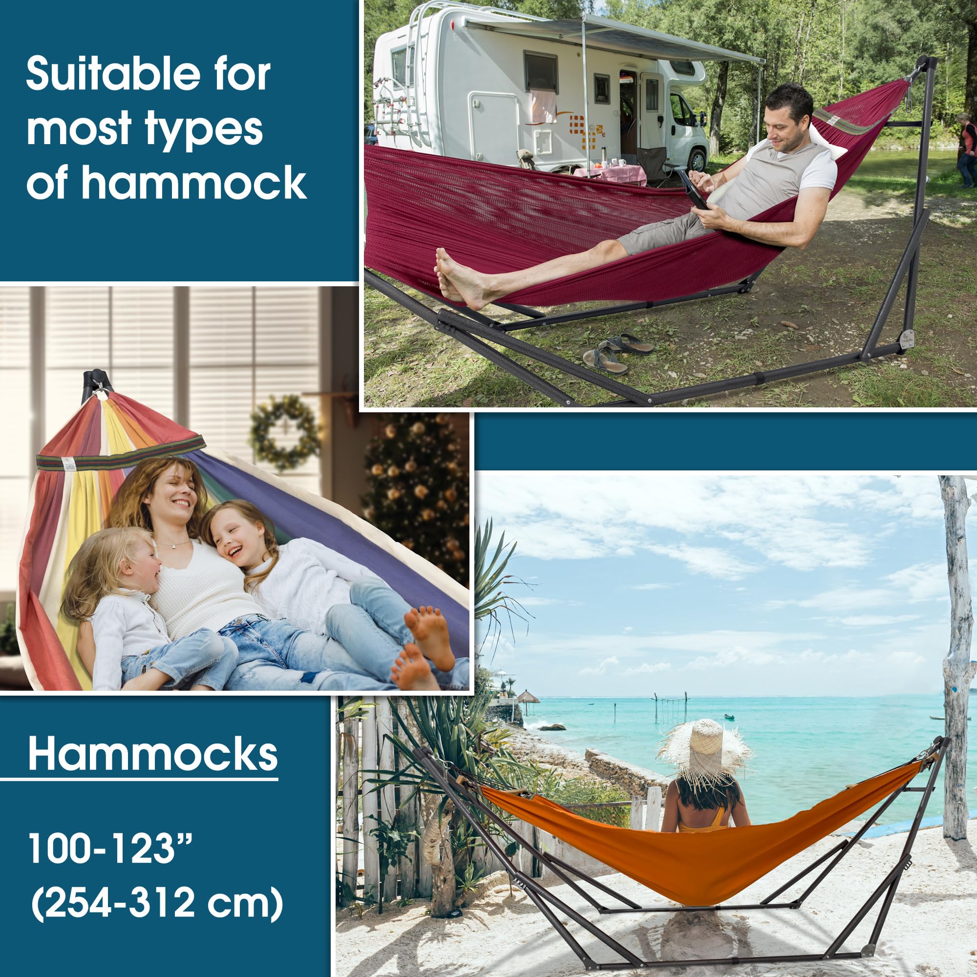 Tranquillo Unity Adjustable Hammock Stand, Hammocks Stands for The Garden, 800 lbs Capacity Steel Double Hammock Stand for 2 Persons, Premium Pre-Assembled Stand (Steel, Aegean)