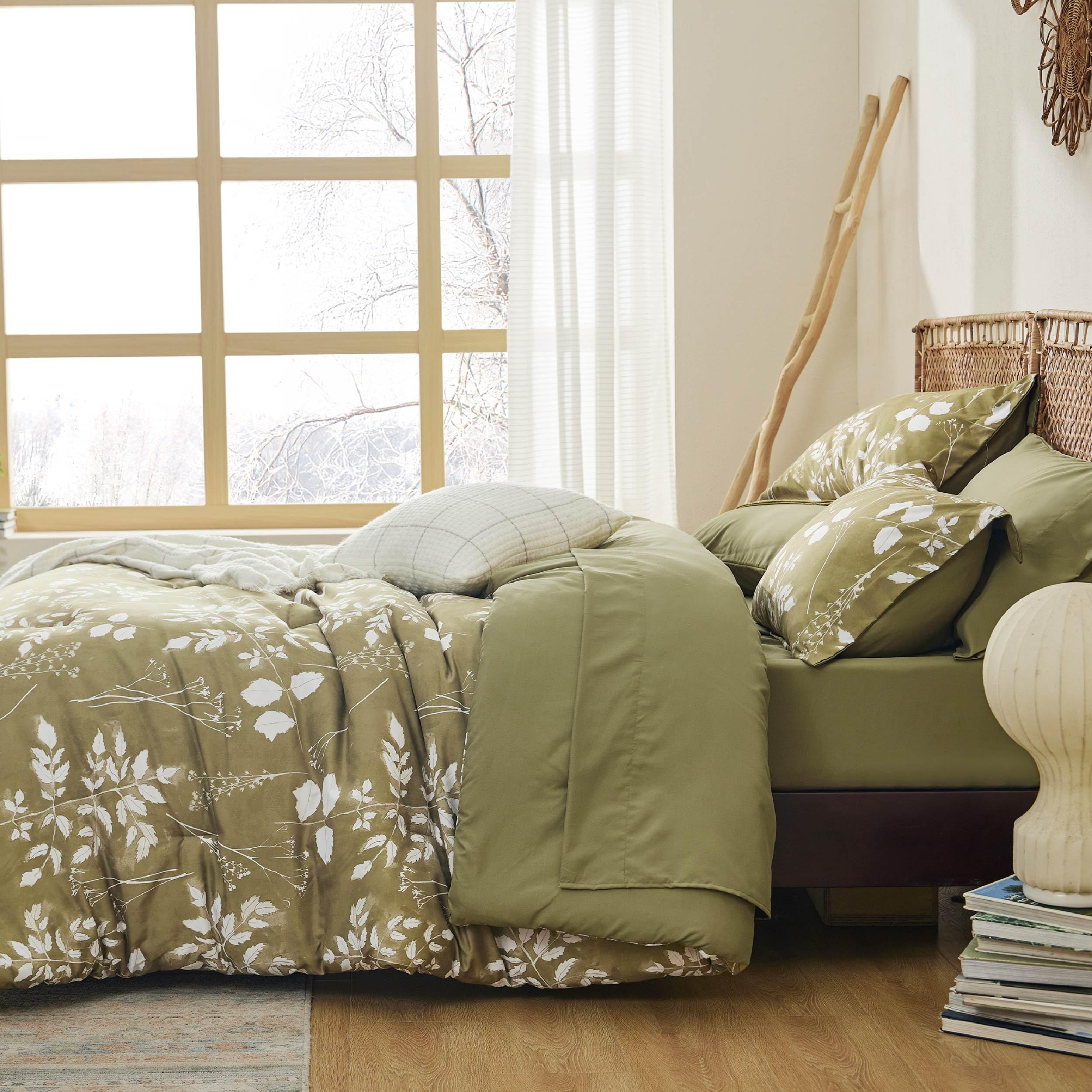 Bedsure Twin Comforter Set - 5 Pieces Floral Sage Green Soft Bedding Sets, Twin Bed in a Bag with Botanical Flowers Comforter, Sheets, Pillowcase & Sham