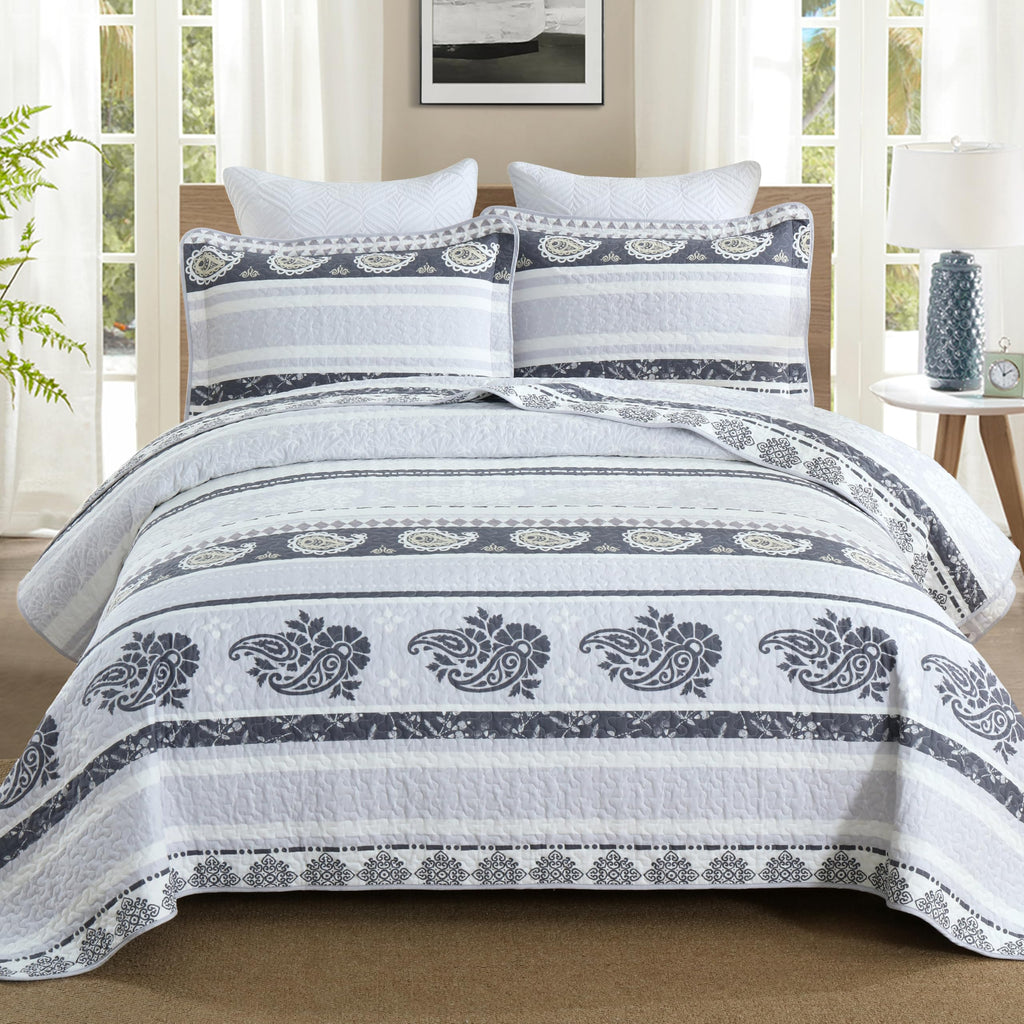 Yellow Quilts Queen Size, Paisley Comforter Set Queen Cotton Bed, Yellow Grey White Comforter, Striped Bedding Queen Size, Lightweight Luxury Bedspread,3 Piece