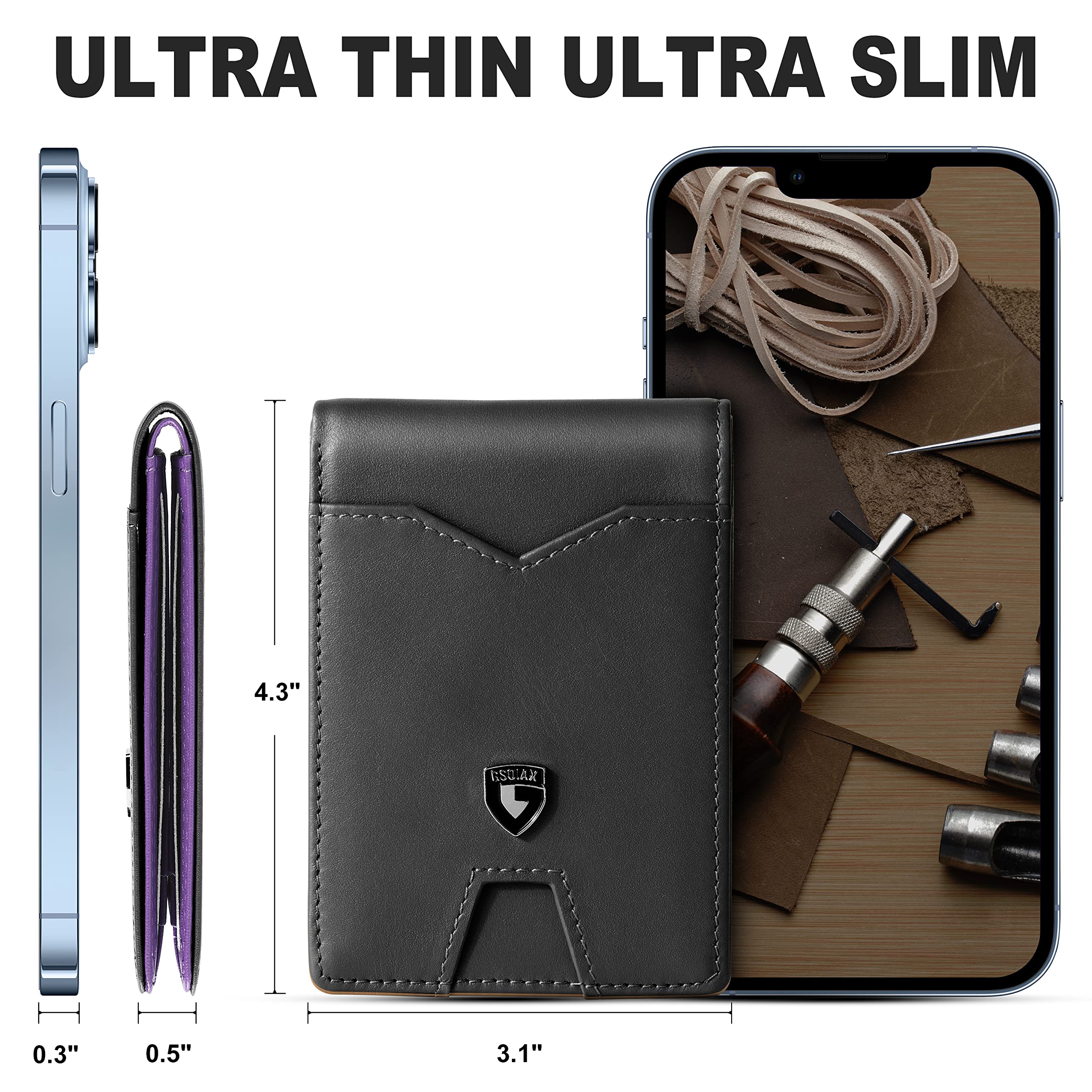 GSOIAX Slim Wallet for Men Rfid Blocking Leather Bifold Front Pocket Carbon Fiber Men's Money Clips Credit Card Holder With Gift Box