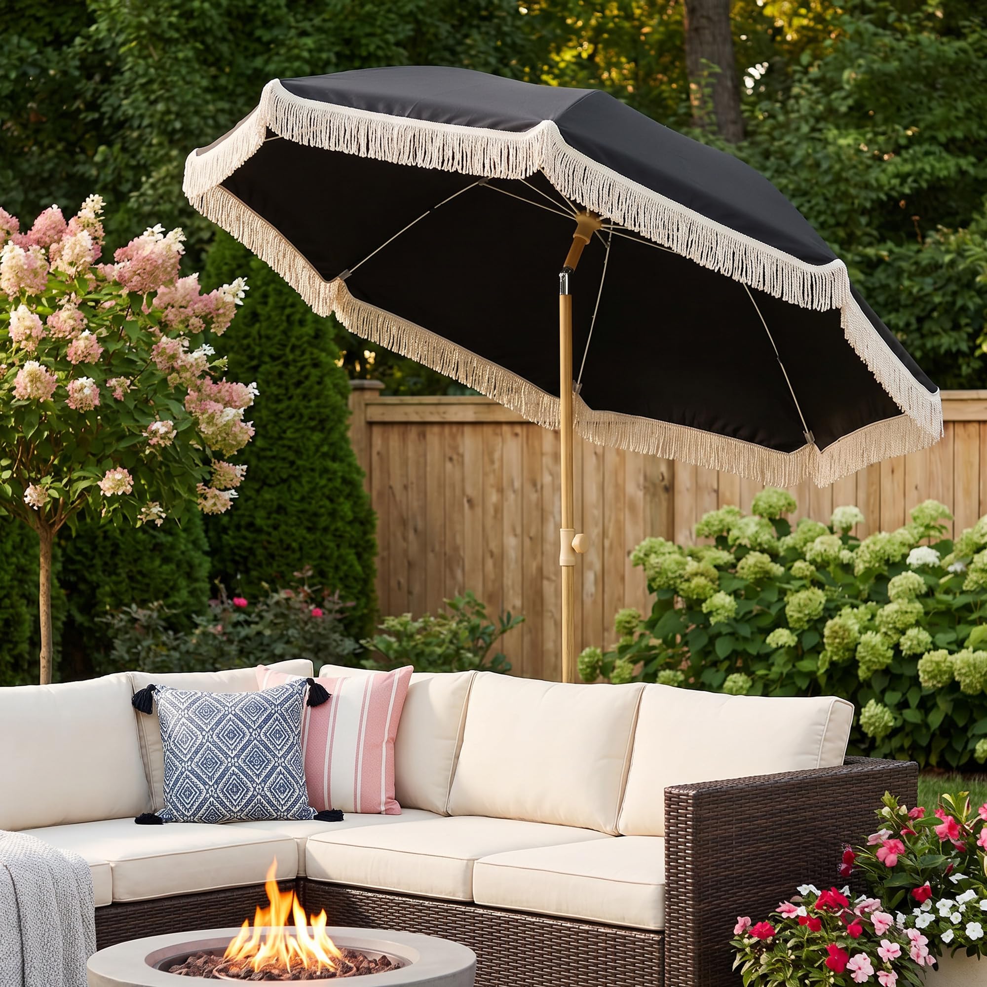 6.5FT Boho Patio Umberlla with Fringe,UPF50+ Outdoor Umbrella with Fiberglass Ribs and Push Button Tilt,Tassels Umbrella for Beach,Terrace,Picnic
